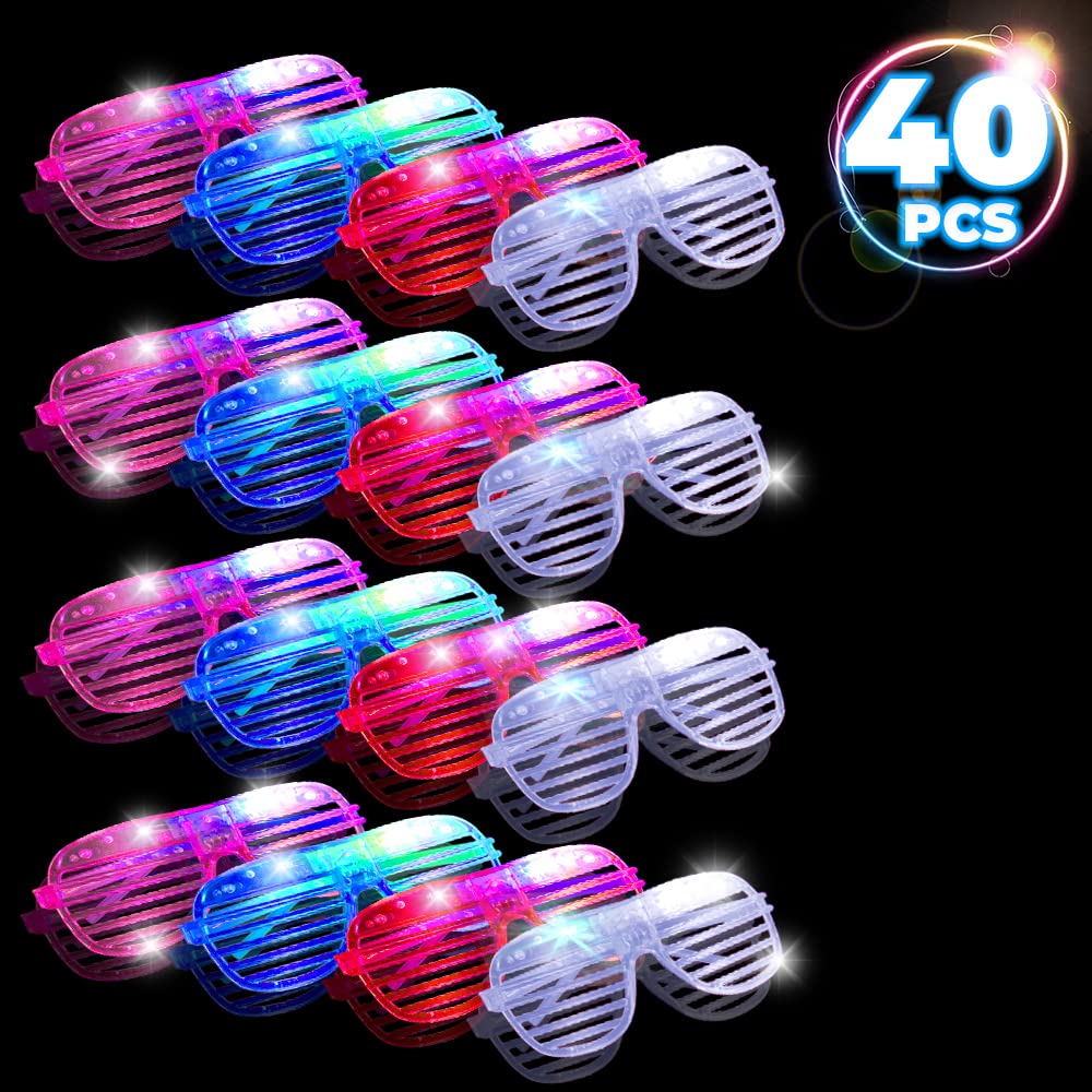 40 Pack LED Glasses Party Favors - 5 Color Glow in The Dark Shutter Shades with Light Up Effects for July 4th, Birthday, Halloween & Carnival - Fun Glow Accessories for Kids & Adults at Night Parties, Raves and Festivals