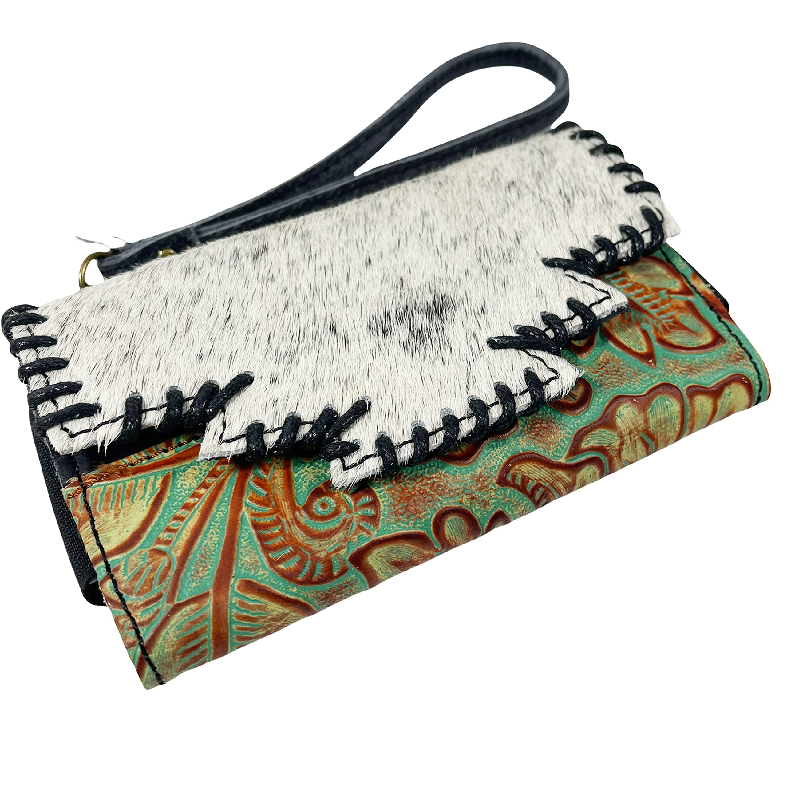 Genuine Leather Cowhair Women's Western Wallet & Cell Phone Holder - Cowgirl Clutch Purse with Tooled Design for Everyday Use, Parties, and Outdoor Adventures