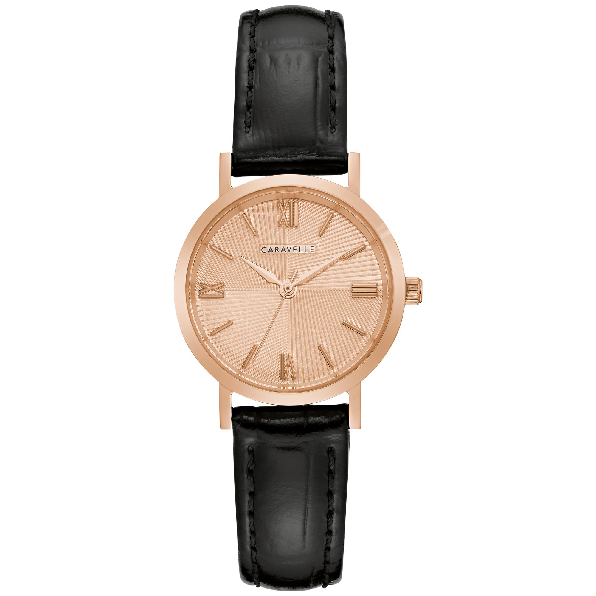 Bulova Caravelle Ladies' Rose Gold Dress Watch - 3-Hand Quartz Movement, Stainless Steel Case & Black Leather Strap with Rose Gold Dial (Model 44L259) - Perfect for Formal Events, Office Wear & Evening Occasions