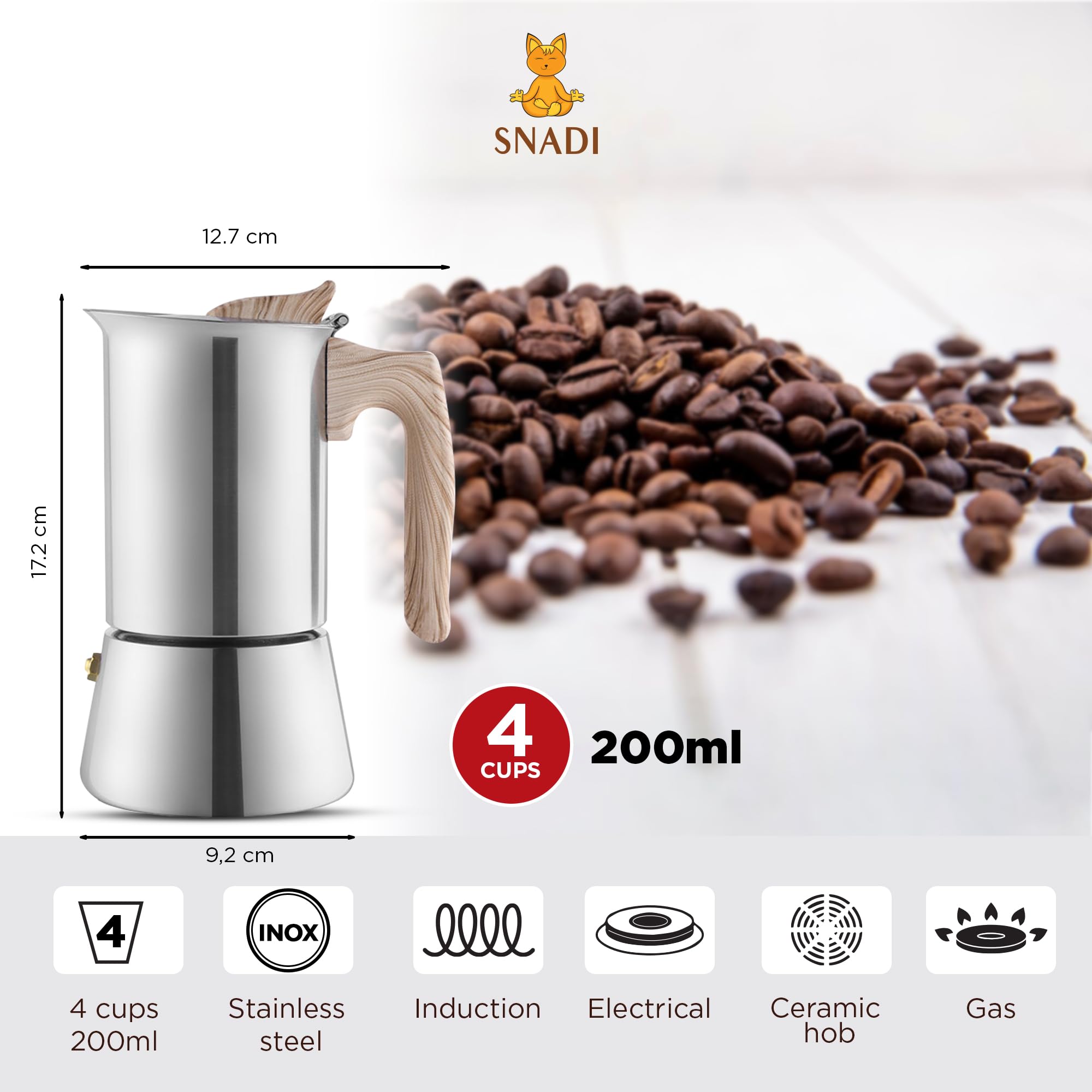 Stainless Steel Moka Pot Italian Coffee Maker - 4 Cup (200ml) Espresso Maker for Induction, Ceramic, Electric & Gas Stoves - Perfect for Home & Professional Kitchens, Camping & Office Use