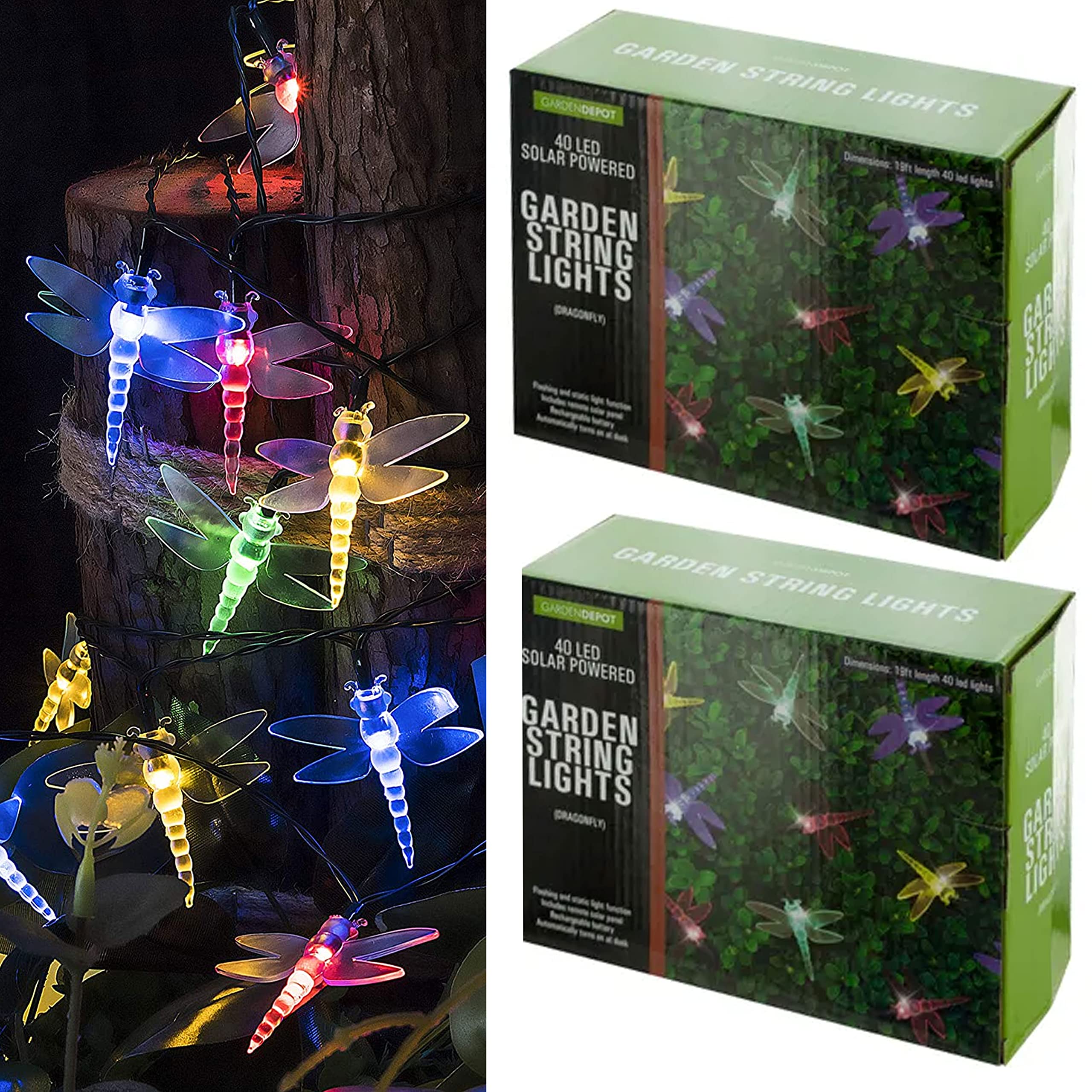 2 Pack Dragonfly Fairy String Lights - 40 LED Solar Powered Outdoor Waterproof Lights for Garden, Patio, Party & Wedding Decor