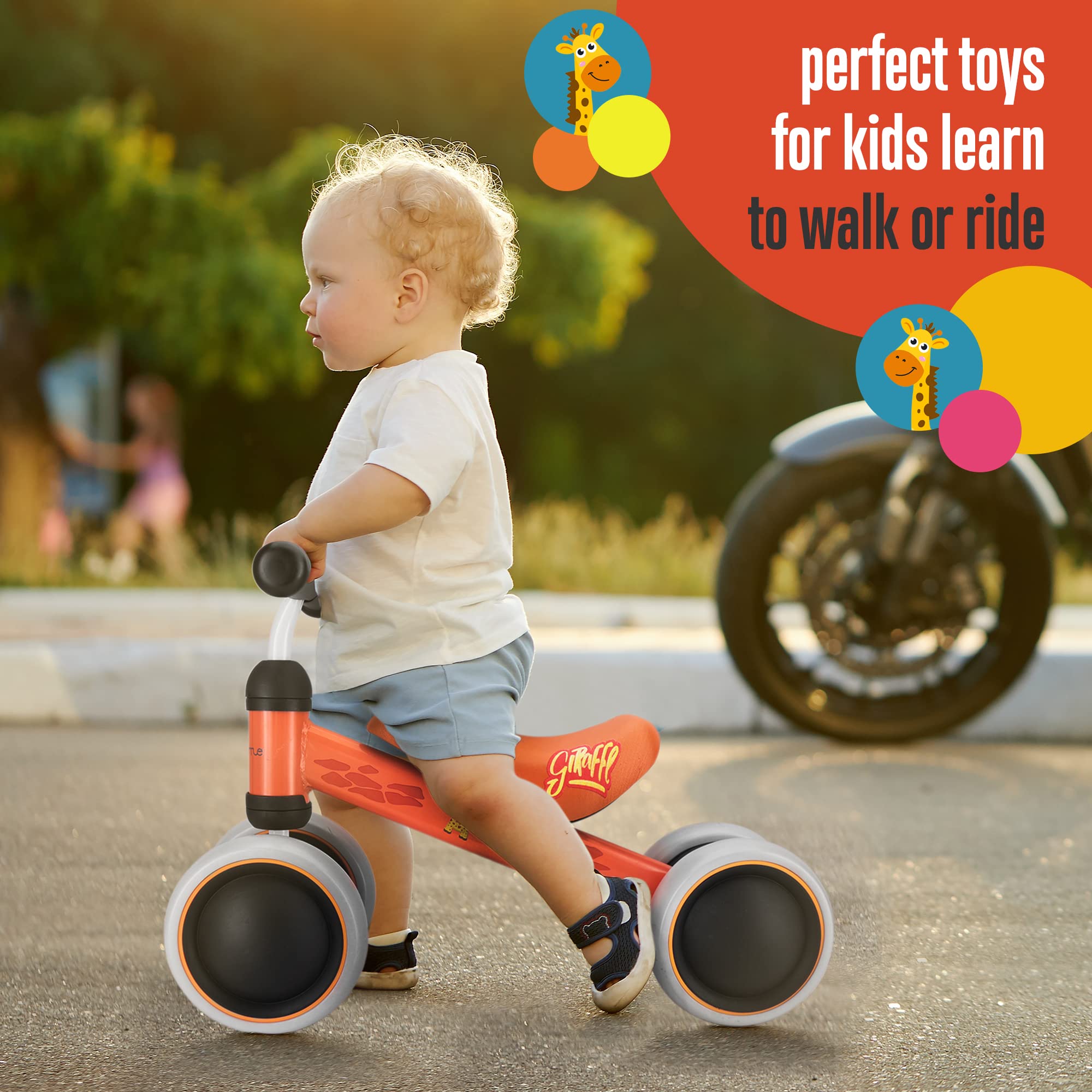 10-24 Months Baby Balance Bike - No Pedal Toddler Walker Trainer with 4 Silent Wheels, Carbon Steel Frame & Cushion Seat - Perfect First Bike for 1 Year Old Boys & Girls (Giraffe Design) - Indoor & Outdoor Learning Toy for Early Childhood Development