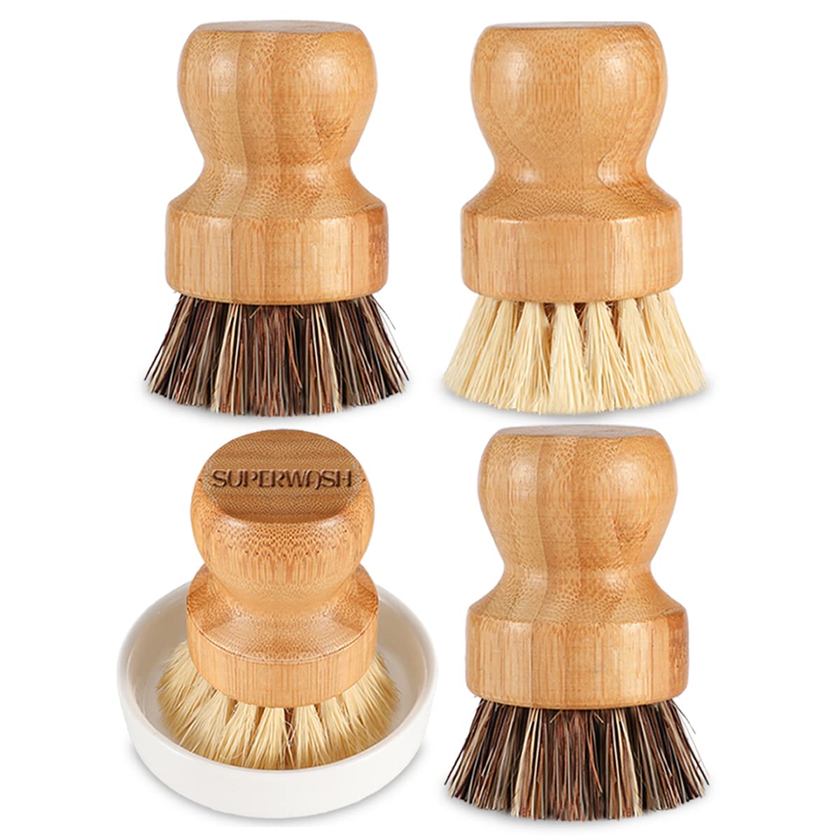 Natural Bamboo Scrub Brush Set - 4 Pack Eco-Friendly Dish Brush with Ceramic Holder for Pots, Pans & Vegetables | Gentle Cleaning for Kitchen Sink, Countertops & Cookware | Perfect for Daily Dishwashing & Organic Food Prep
