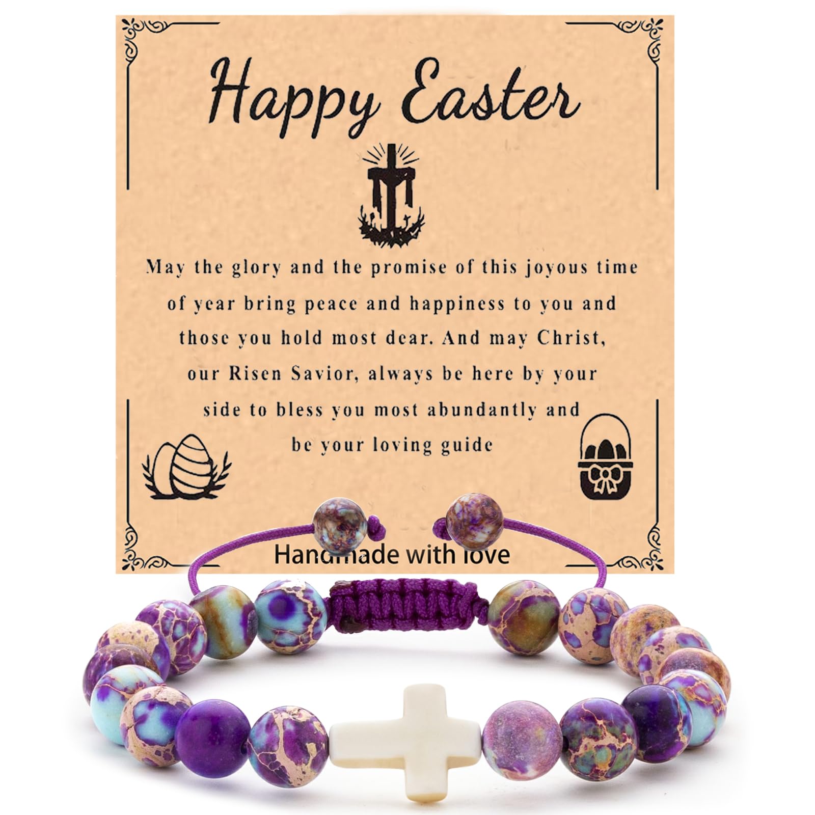 Easter Basket Stuffers for Girls - Cross Charm Beaded Bracelet with Natural Stones, Inspirational Christian Jewelry Gift for Women & Teens - Perfect for Easter Gifts, Baptism, Confirmation & Daily Wear