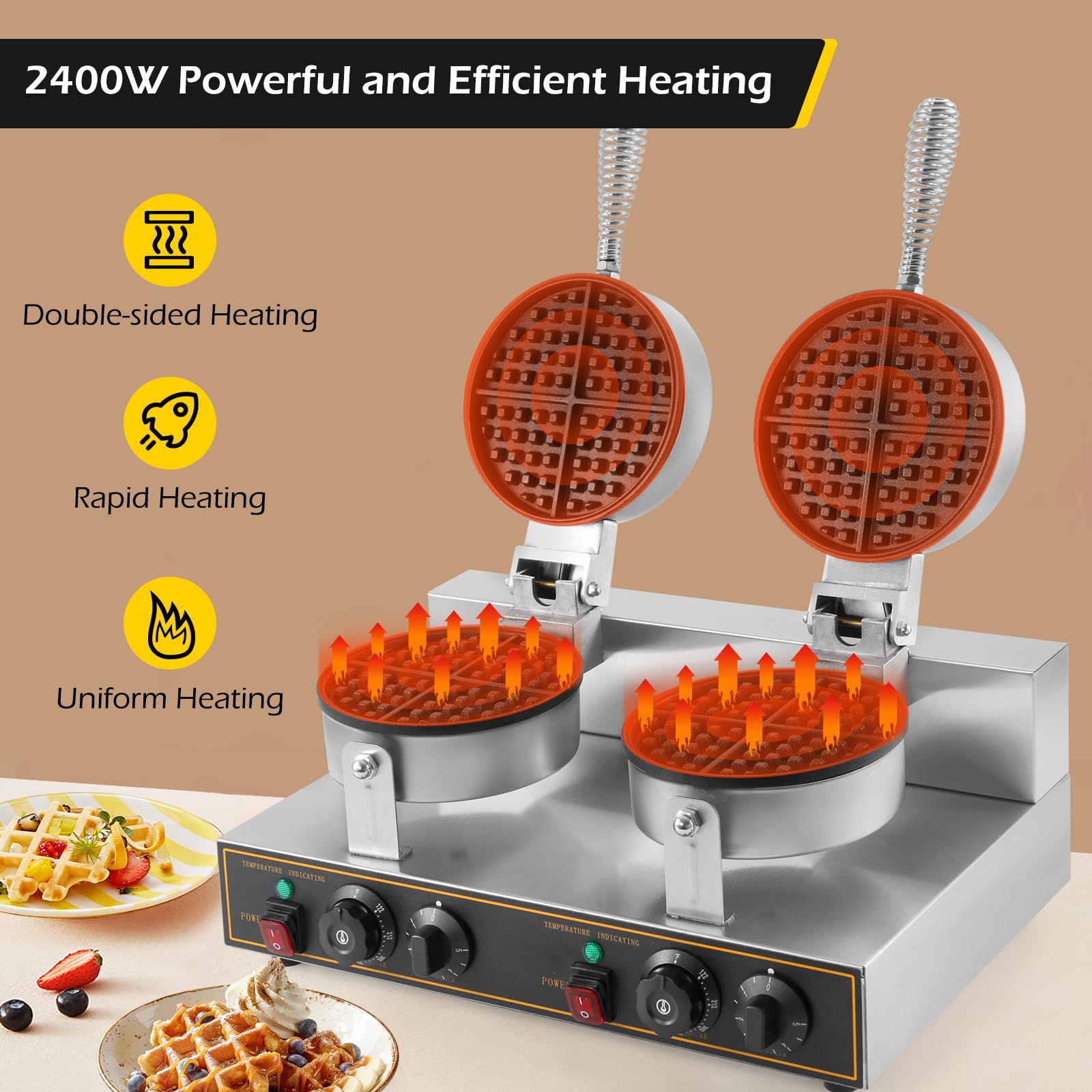 **Dyna-Living 2400W Commercial Waffle Maker - Double Non-Stick Round Waffle Iron for Restaurants, Hotels & Cafes - Heavy Duty Stainless Steel - Perfect for Breakfast, Brunch & Dessert Buffets**