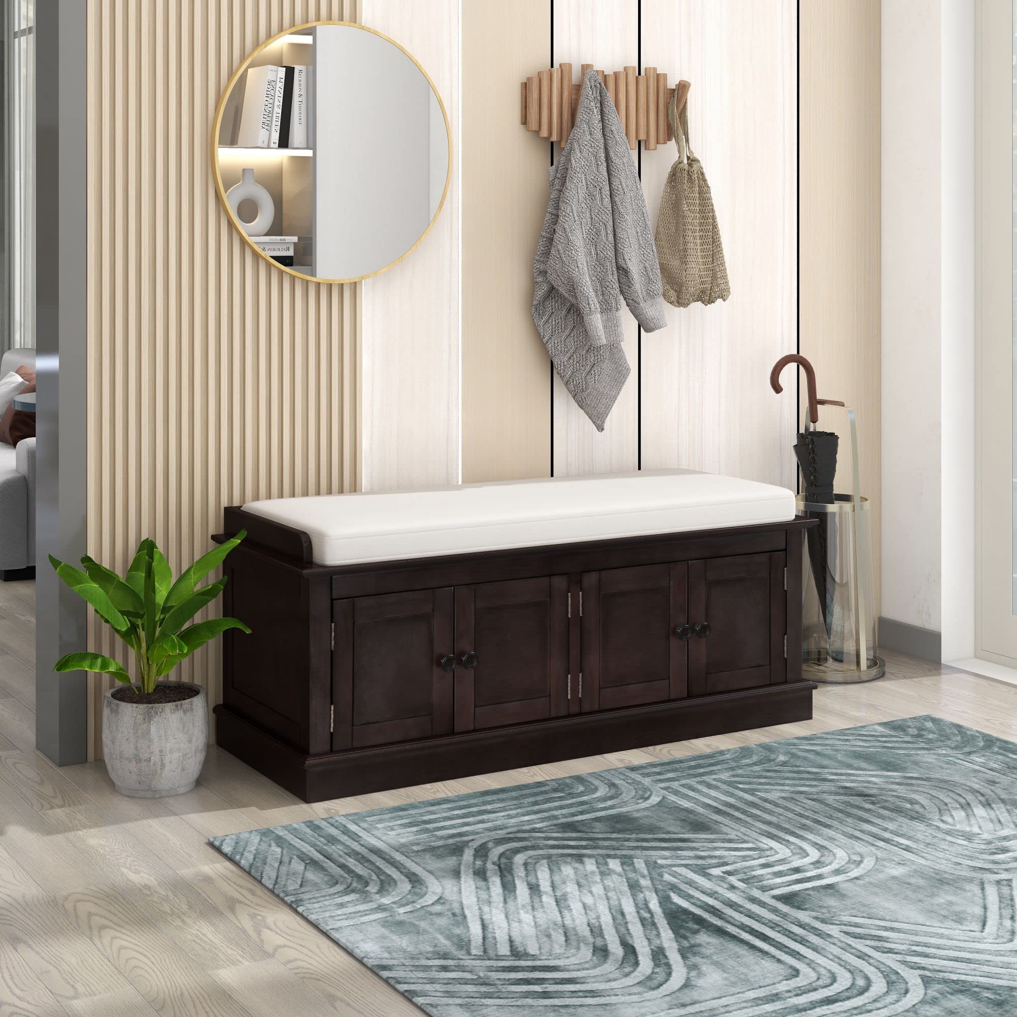 RUNNA Wooden Entryway Storage Bench with 4 Doors & Adjustable Shelves - Shoe Cabinet Ottoman with Removable Cushion for Hallway, Living Room, Bedroom - Espresso Finish - Perfect for Small Space Organization & Entryway Seating