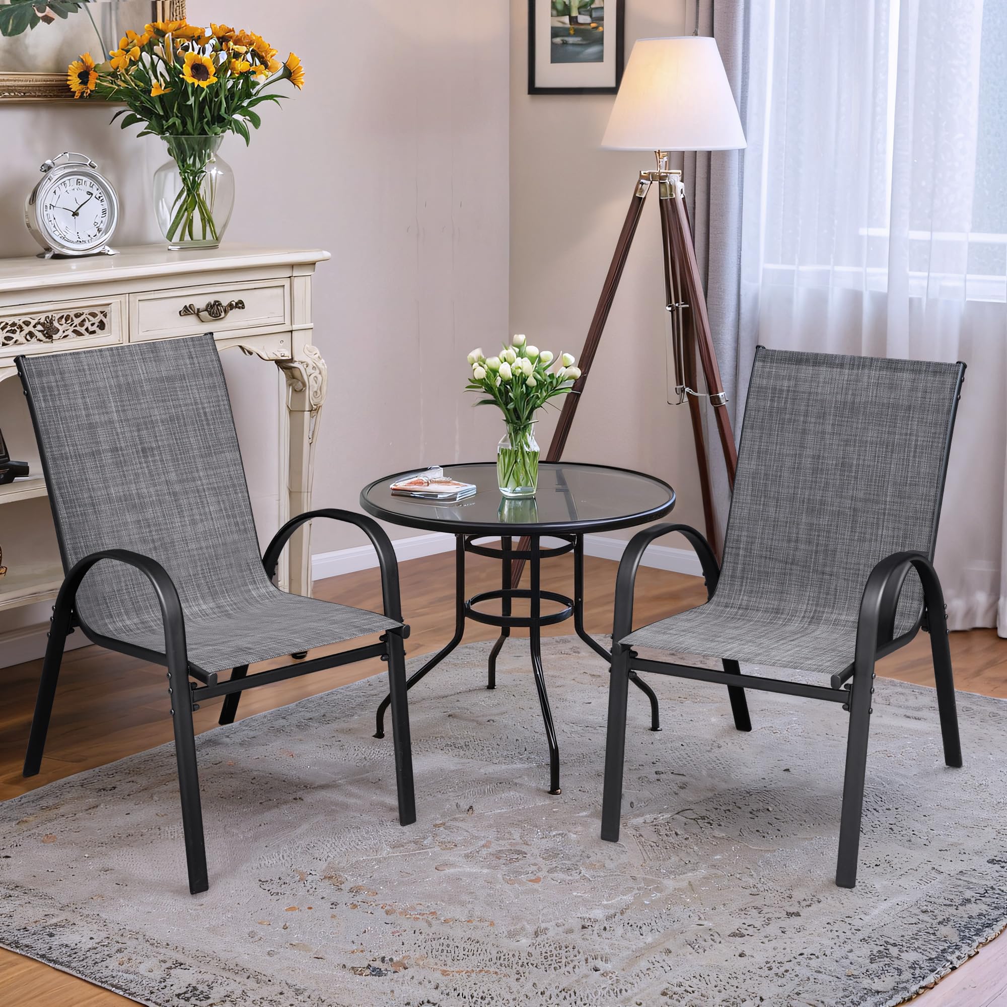 **Flamaker 4-Piece Stackable Patio Dining Chairs Set - Metal & Teslin Outdoor Chairs for Lawn, Deck, Balcony, Porch (Grey) - Perfect for Backyard BBQs, Poolside Relaxation & Garden Gatherings**