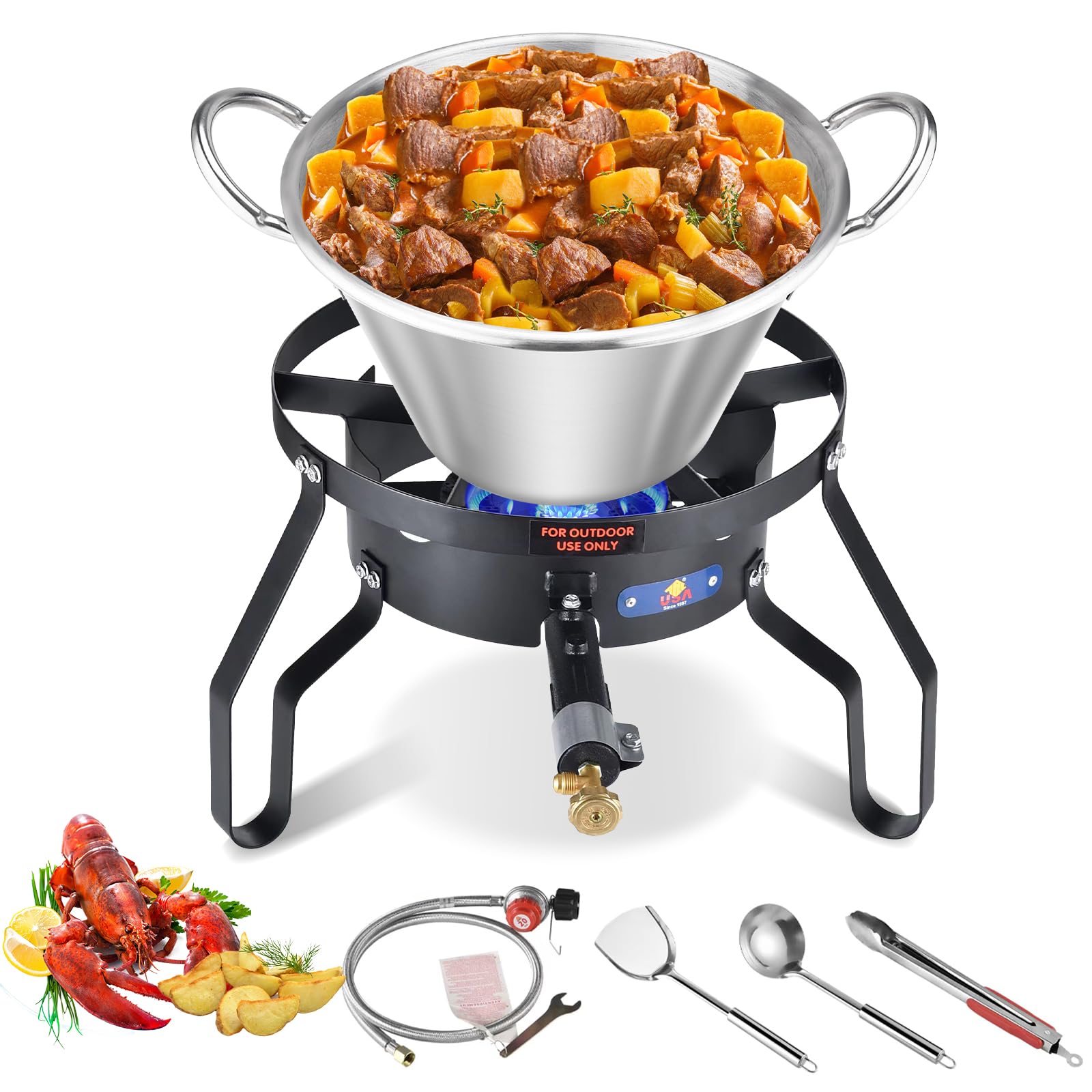 22QT Mexican Cazo Carnitas Set with 100,000BTU Propane Burner - Heavy Duty Sandwich Bottom Outdoor Wok for Braising, Seafood Boiling & Taco Cooking - Stainless Steel Comal Fryer - Perfect for Backyard Parties, Camping & Outdoor Cooking