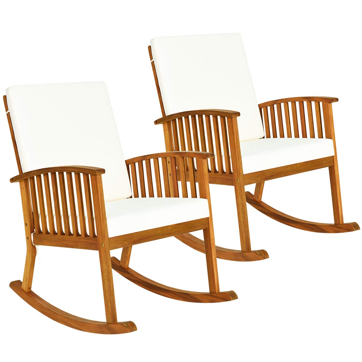 Tangkula 2-Piece Acacia Wood Rocking Chair Set with Removable Washable Cushions - Teak Wood Rocker for Outdoor & Indoor Use - Perfect for Porch, Garden, Patio, Balcony, Poolside Relaxation