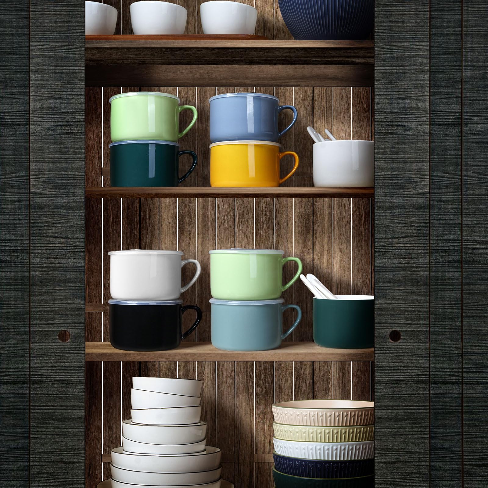 30oz Ceramic Soup Bowls with Handles & Spoons - Large Ramen Noodle Bowls with Lids - Perfect for Instant Noodles, Oatmeal & Cereal - Microwave & Dishwasher Safe - Set of 2 White Soup Mugs for Home, Office & Restaurant Use