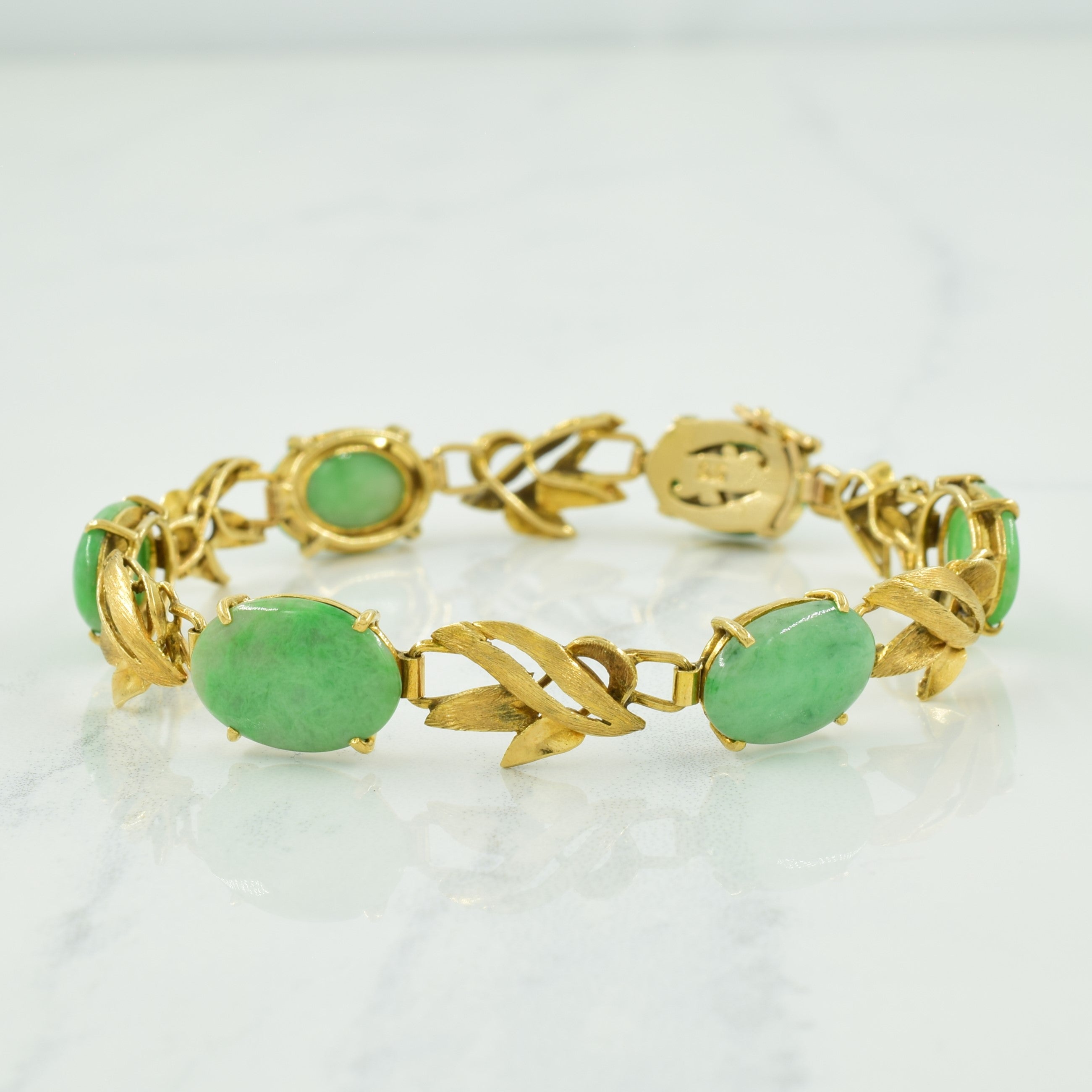 Natural Jadeite Cabochon 14K Gold Bracelet - 20.00ctw Gemstone Jewelry for Women - 6.75 Inch Adjustable Bangle - Perfect for Gifts, Weddings & Special Occasions