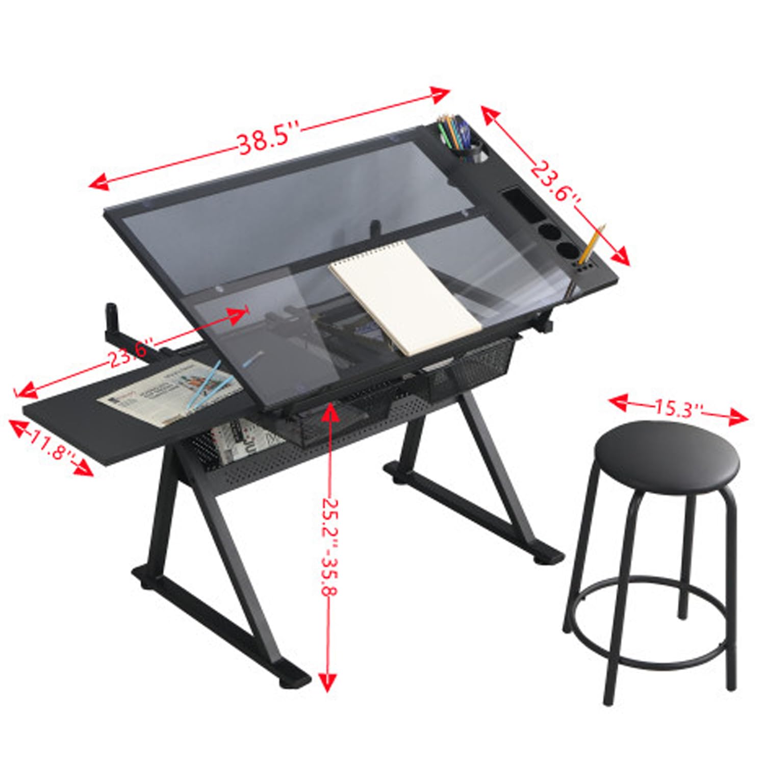 Height Adjustable Glass Drafting Table with Stool - Tiltable Art Drawing Desk with Storage for Office, School & Studio | Perfect for Artists, Architects & Designers | Ergonomic Workspace Solution for Sketching, Drafting & Creative Projects
