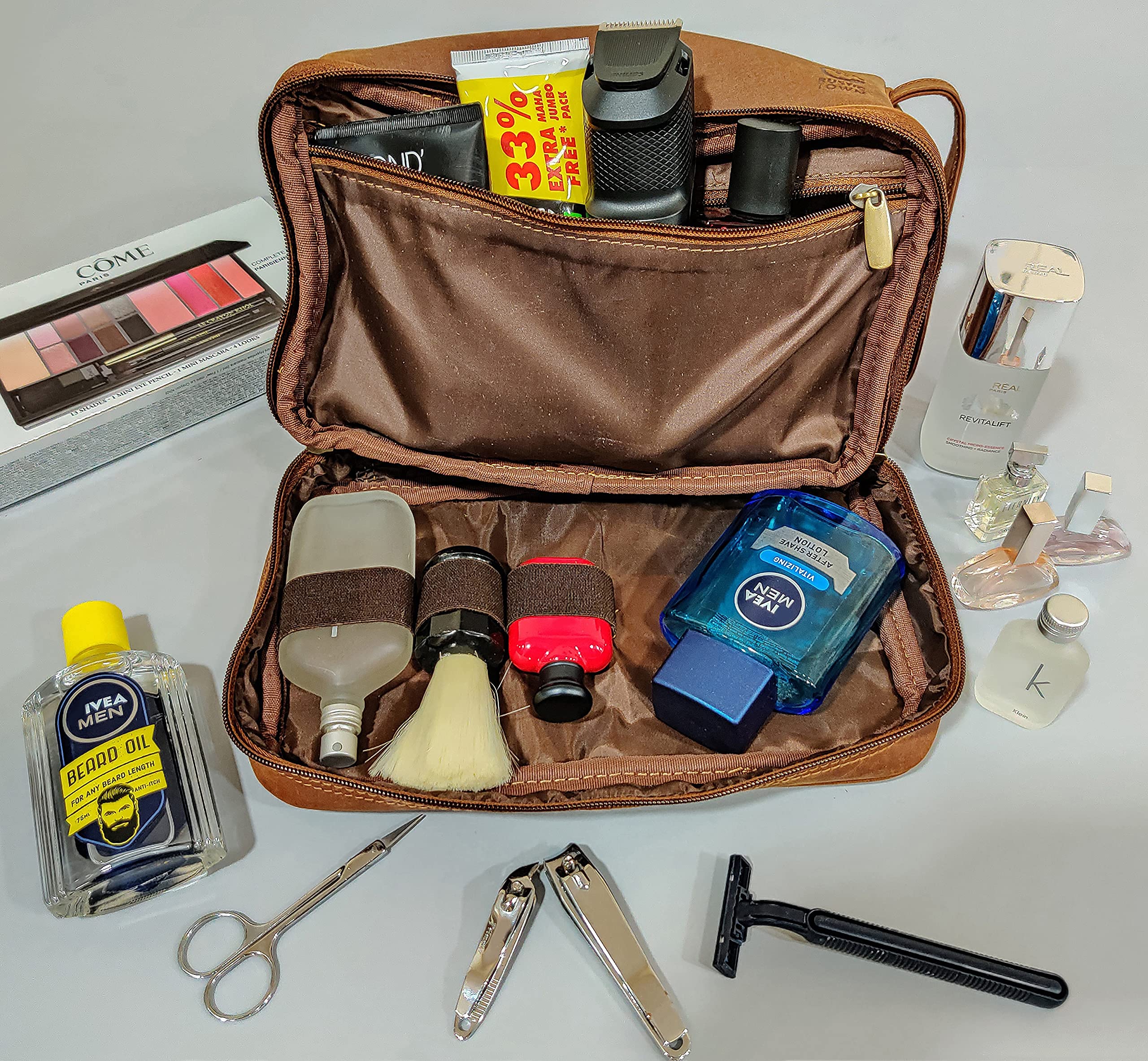 RUSTIC TOWN Genuine Leather Toiletry Bag with Zip Closure - Premium Travel Cosmetic Case for Men & Women | Perfect for Weekend Getaways, Business Trips & Grooming Essentials Organization