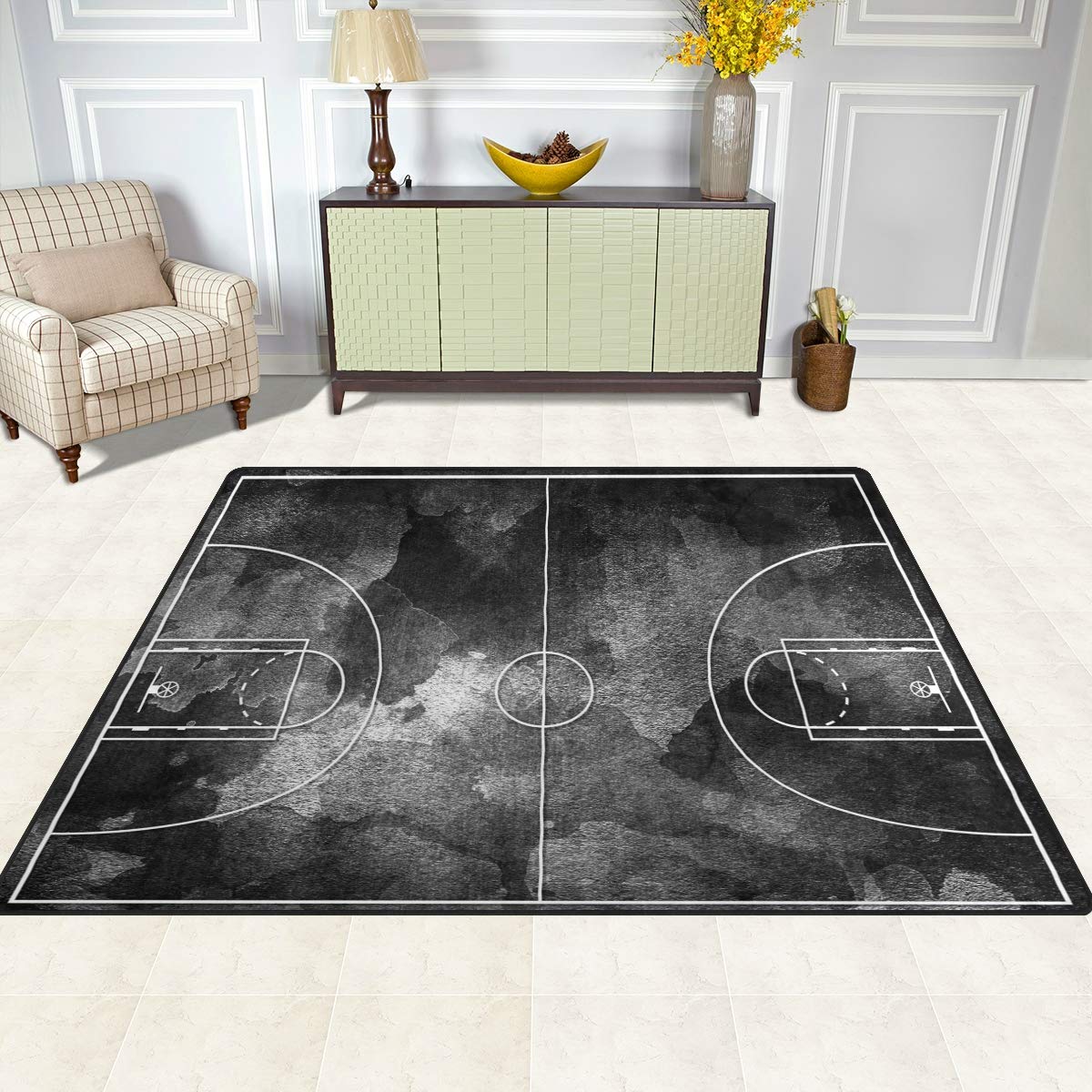 ALAZA Abstract Grunge Black Basketball Court Design Area Rug - 7' x 5' Non-Slip Indoor Rug for Living Room, Bedroom, Game Room & Man Cave - Perfect for Sports Fans and Modern Home Decor