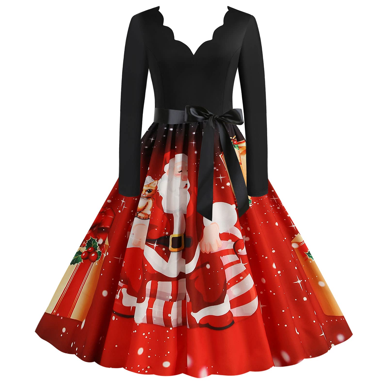 Vintage 1950s Housewife Style Long Sleeve V-Neck Midi Dress for Women - Christmas Party, Evening Prom, Retro Cocktail Dress | Perfect for Holiday Gatherings, Themed Events & Vintage Fashion Lovers