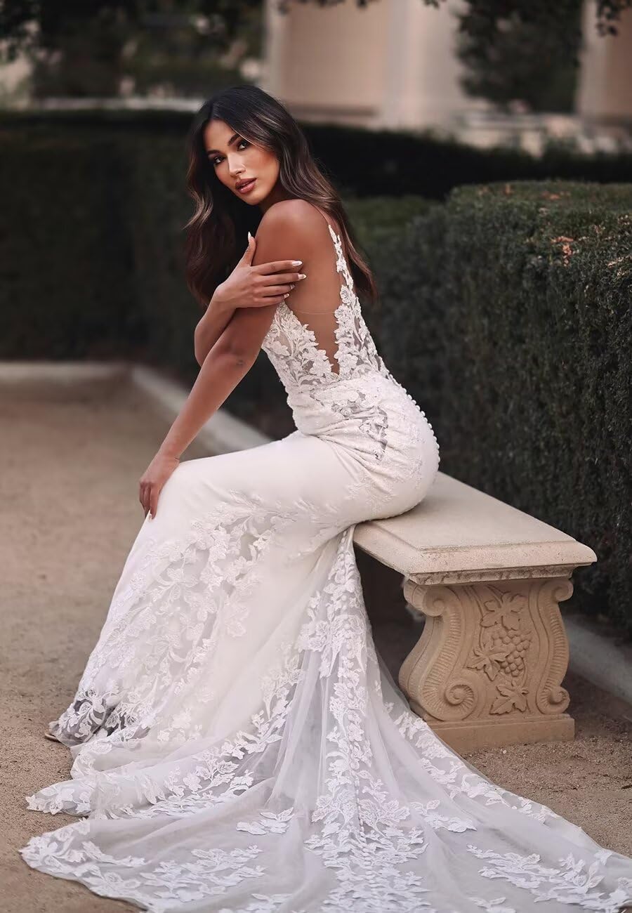 Mermaid Wedding Dresses 2024 | Lace Appliques Backless Beach Bridal Gown with Train | Summer Bride Beach Wedding, Destination Ceremony & Photoshoot