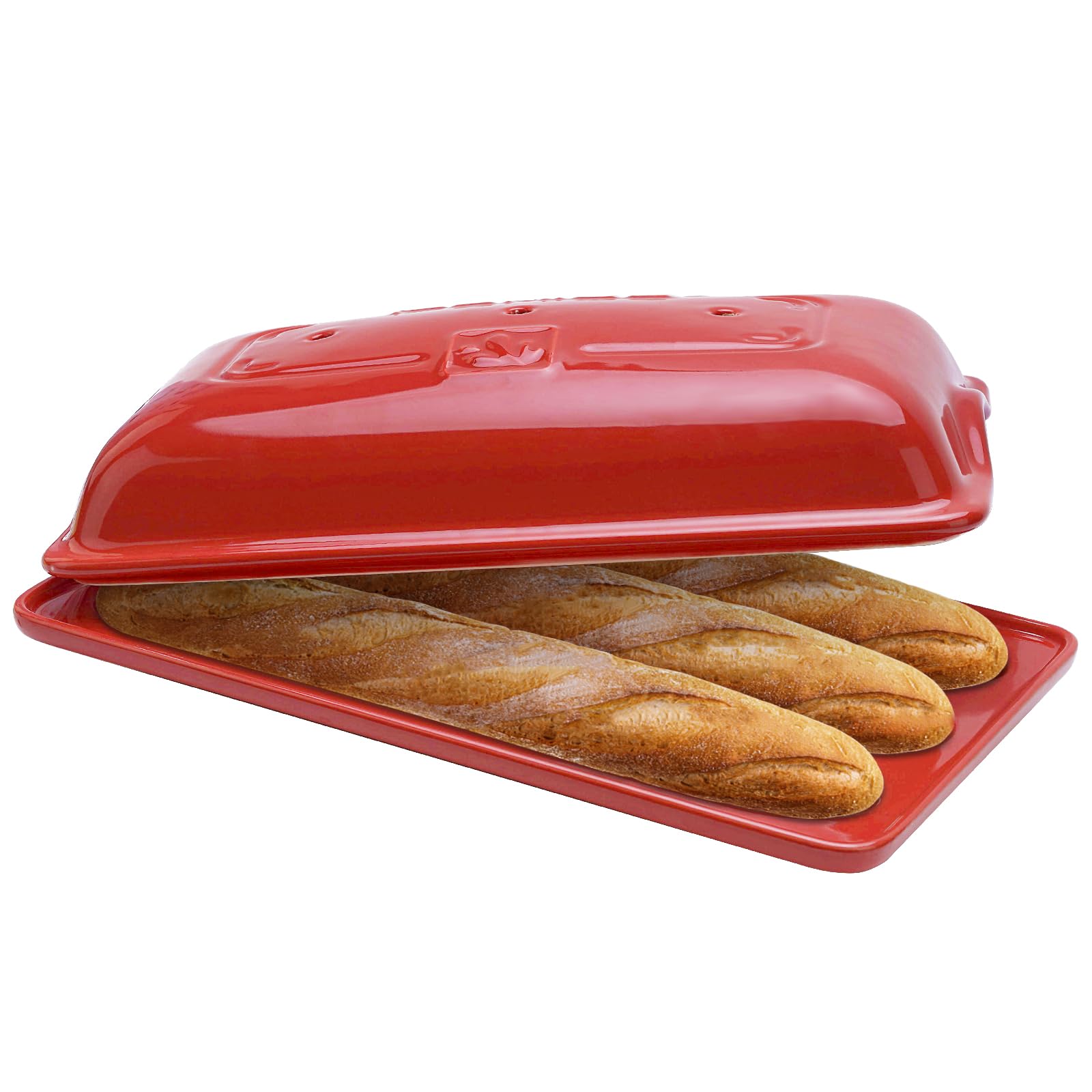 French Bread Baking Pan with 3 Independent Slots & Cover - Ceramic Rectangular Loaf Pan for Even Heating & Crispy Crusts | Perfect for Homemade Artisan Bread, Sourdough & Baguettes