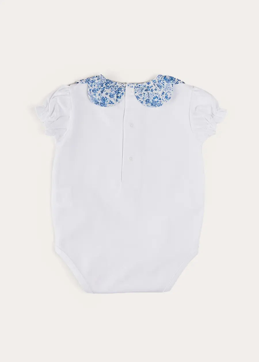 Blue Charlotte Floral Scallop Collar Baby Bodysuit - Short Sleeve Romper for Girls 1-24 Months | Perfect for Spring Photoshoots, Birthday Parties & Casual Outings