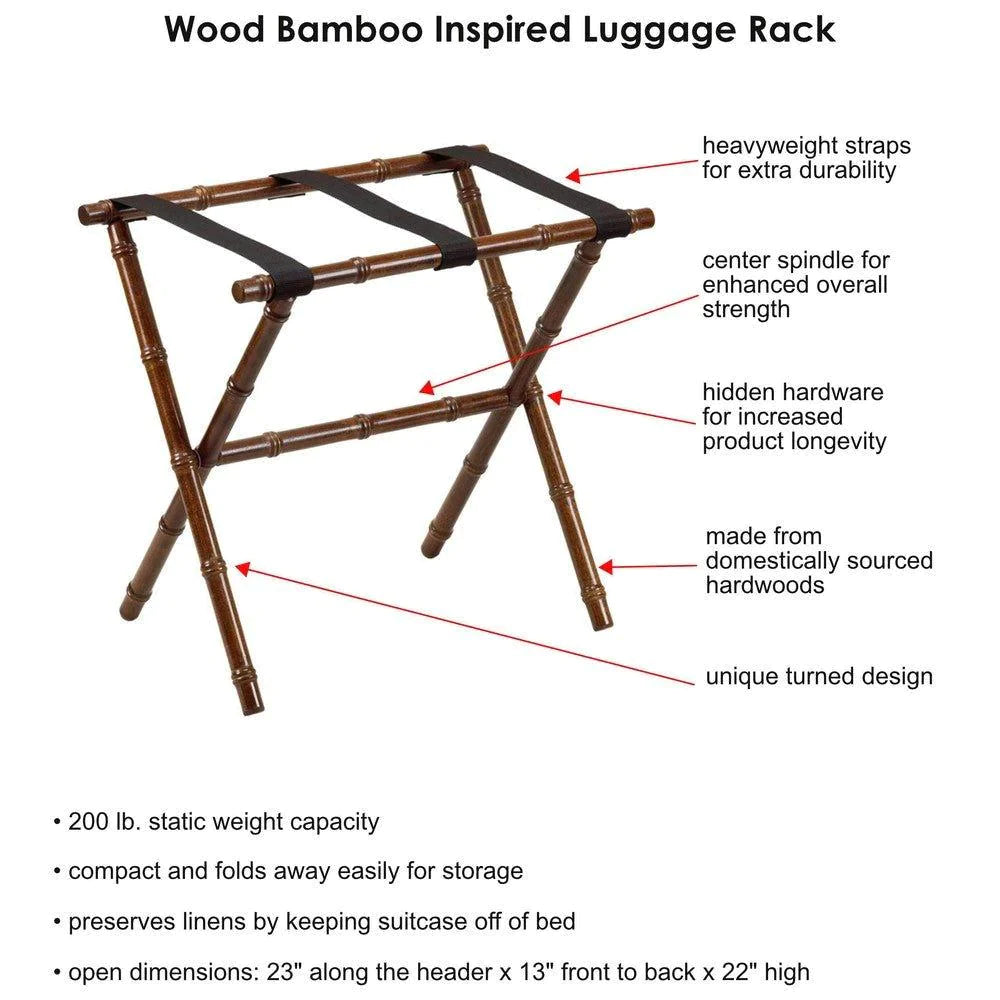 Dark Walnut Bamboo-Inspired Wooden Luggage Rack with 3 Adjustable Black Nylon Straps - Sturdy Suitcase Stand for Bedroom, Hotel, or Travel Storage