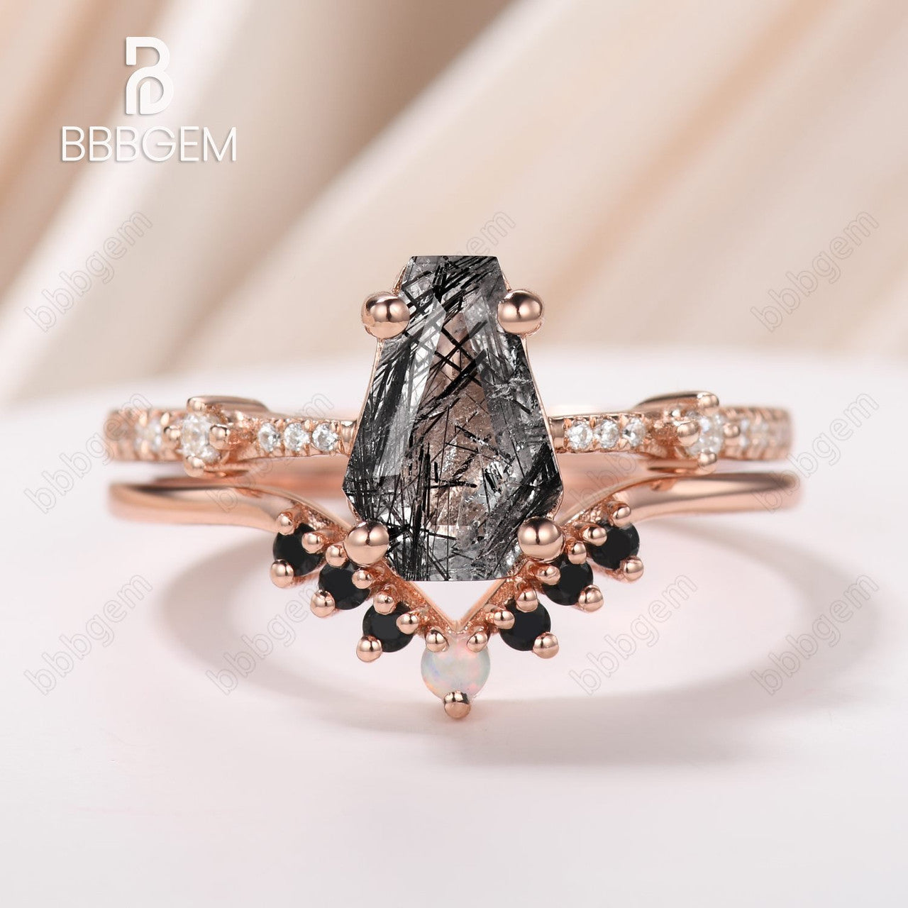 Three Stone Black Tourmaline Coffin Ring Set - Coffin Cut Black Rutilated Quartz Wedding Band - Statement Jewelry for Women - Perfect for Engagement, Anniversary & Special Occasions