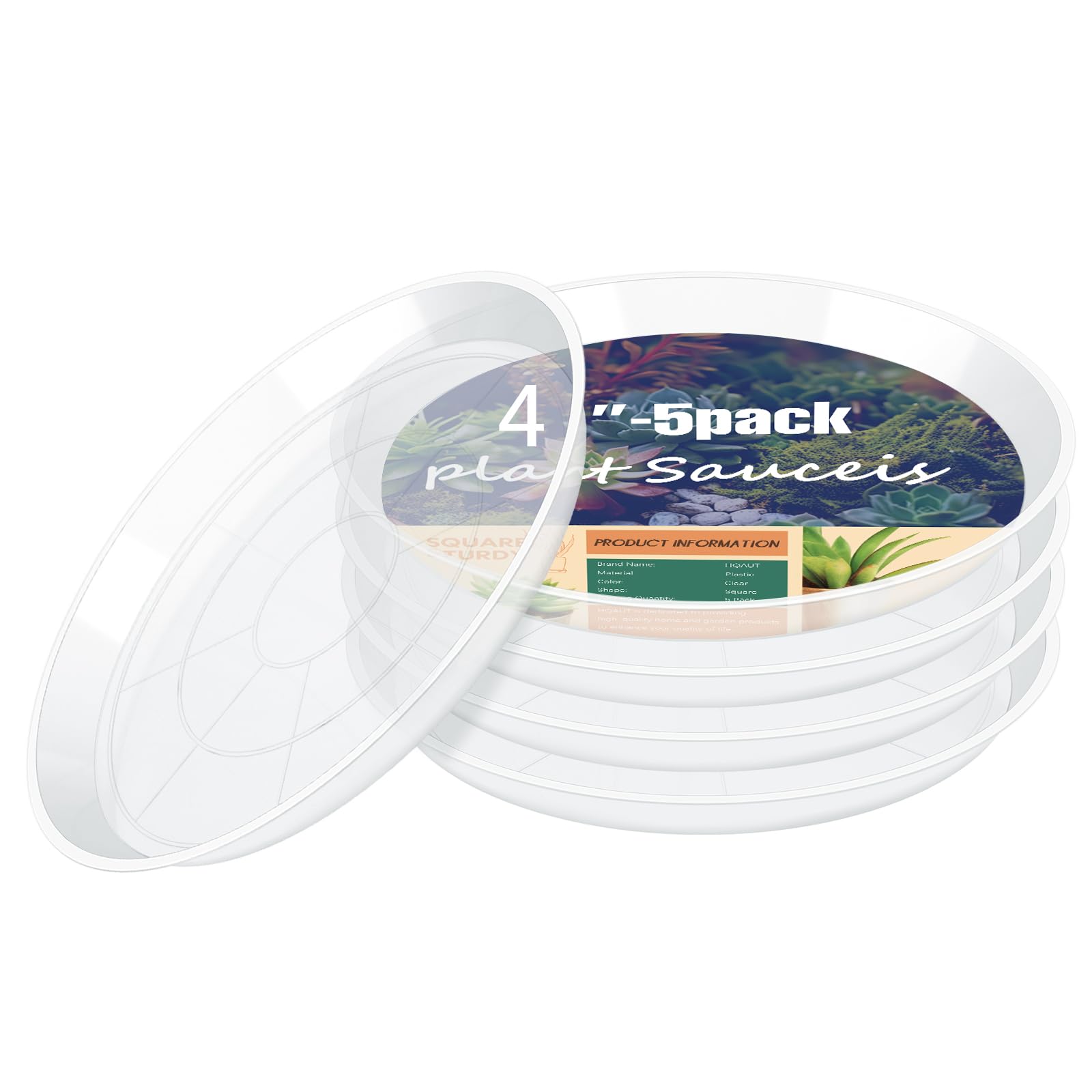 4 6 8 10 12 14 16 18 20 22 Inch Clear Plastic Plant Saucers - 5 Pack Durable Water Catcher Trays for Indoor & Outdoor Flower Pots - Perfect for Drainage Protection Under Potted Plants on Decks, Patios and Windowsills