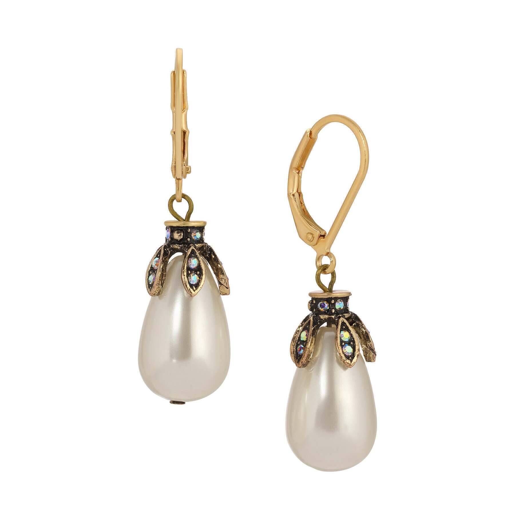 1928 Jewelry AB & Fuchsia Crystal White Teardrop Faux Pearl Drop Earrings for Women - Vintage Style Dangle Earrings for Party, Wedding & Evening Wear