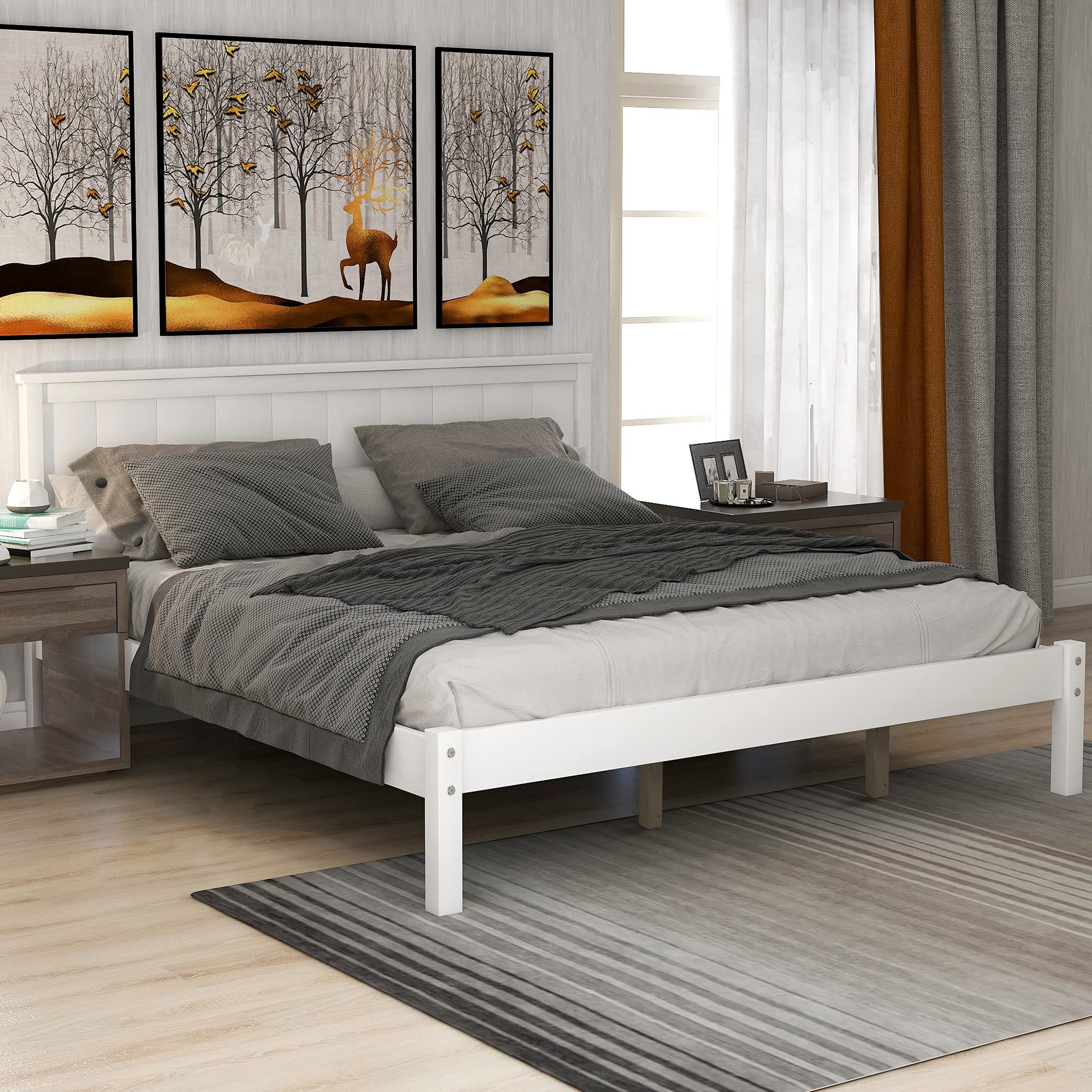 JULYFOX Queen Platform Bed Frame - White Wood Headboard, 400lb Capacity for Bedroom
