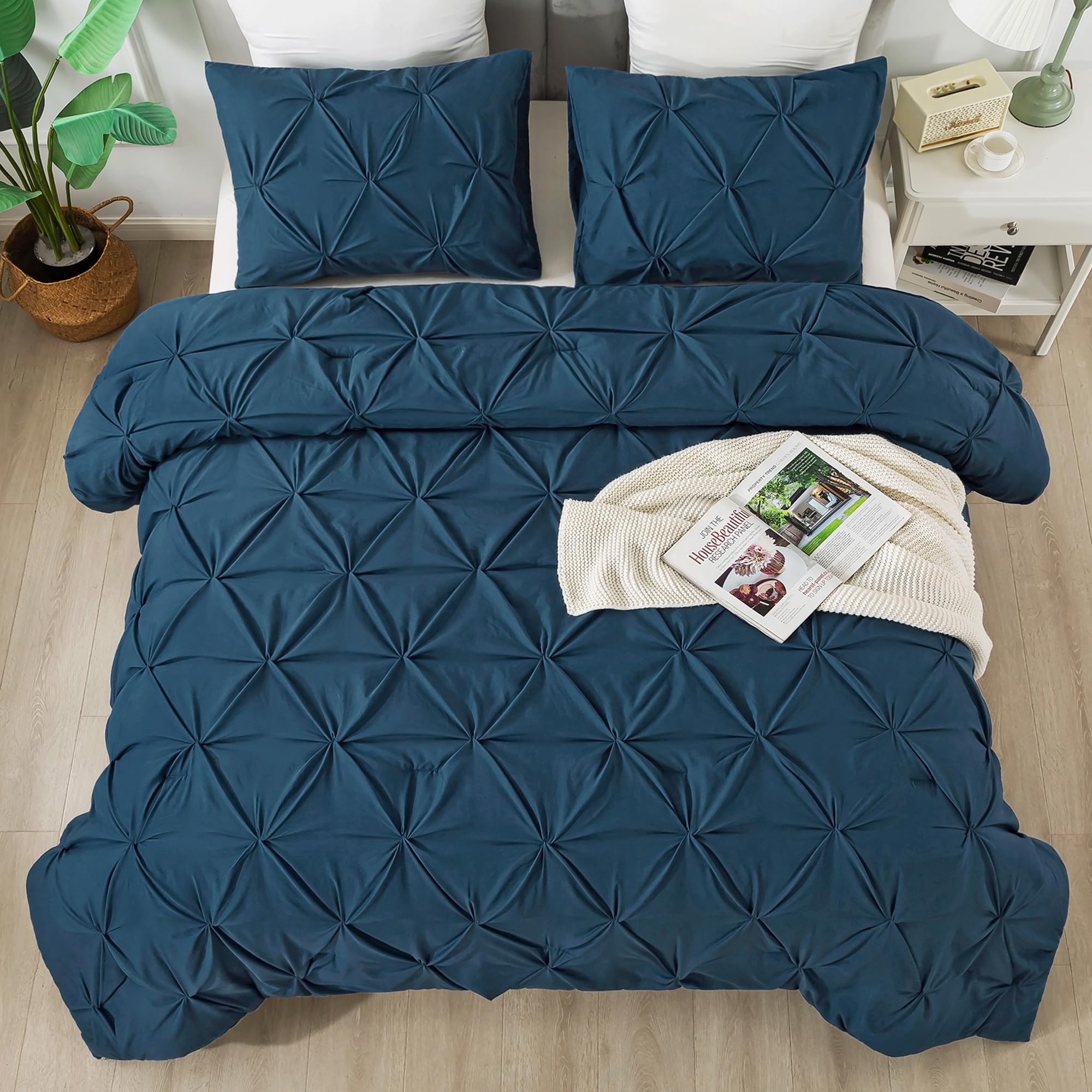 Andency Navy Blue Comforter Set King Size - 3 Piece All Season Pintuck Bedding Set with Soft Fluffy Microfiber, Luxury Bedroom Decor for Master Bedroom, Guest Room & Dorm (King Size)