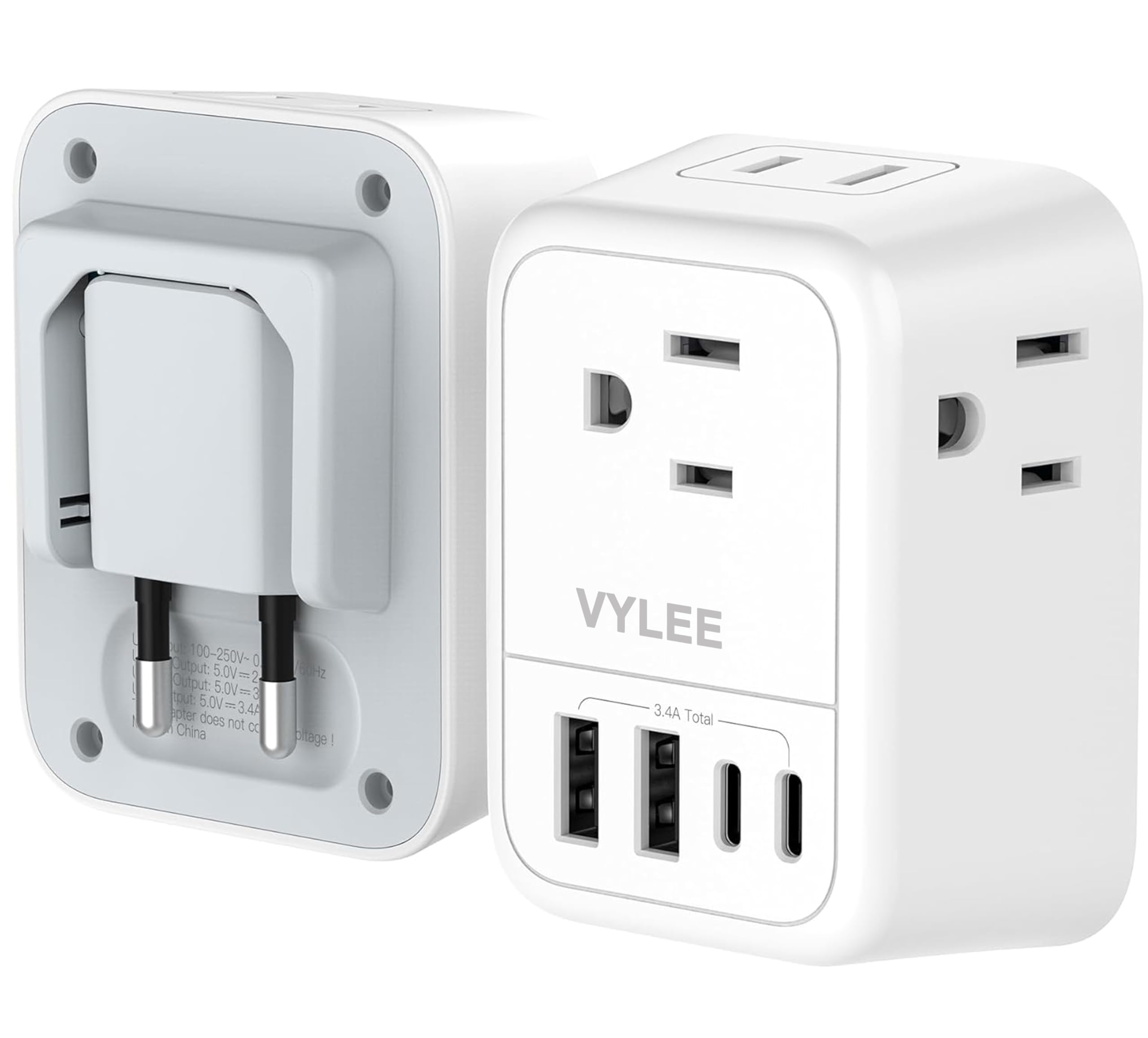 Universal Travel Plug Adapter with 4 AC Outlets & 4 USB Ports (2 USB-C) - Worldwide International Power Converter for Europe (France, Germany, Italy, Spain) - Perfect for Business Trips, Vacations & Charging Multiple Devices [1 Pack]
