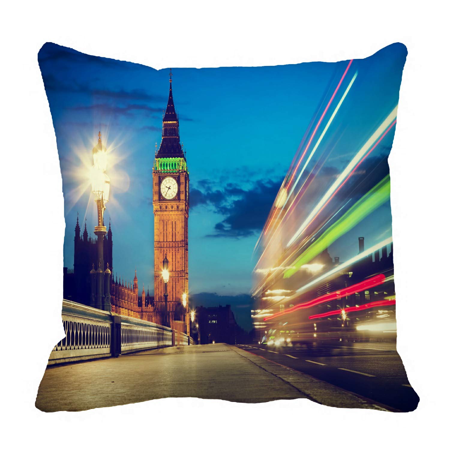 London UK Red Bus Big Ben Westminster Palace Night Pillow Cover - 16x16 Inch British Souvenir Home Decor for Living Room, Bedroom, Office