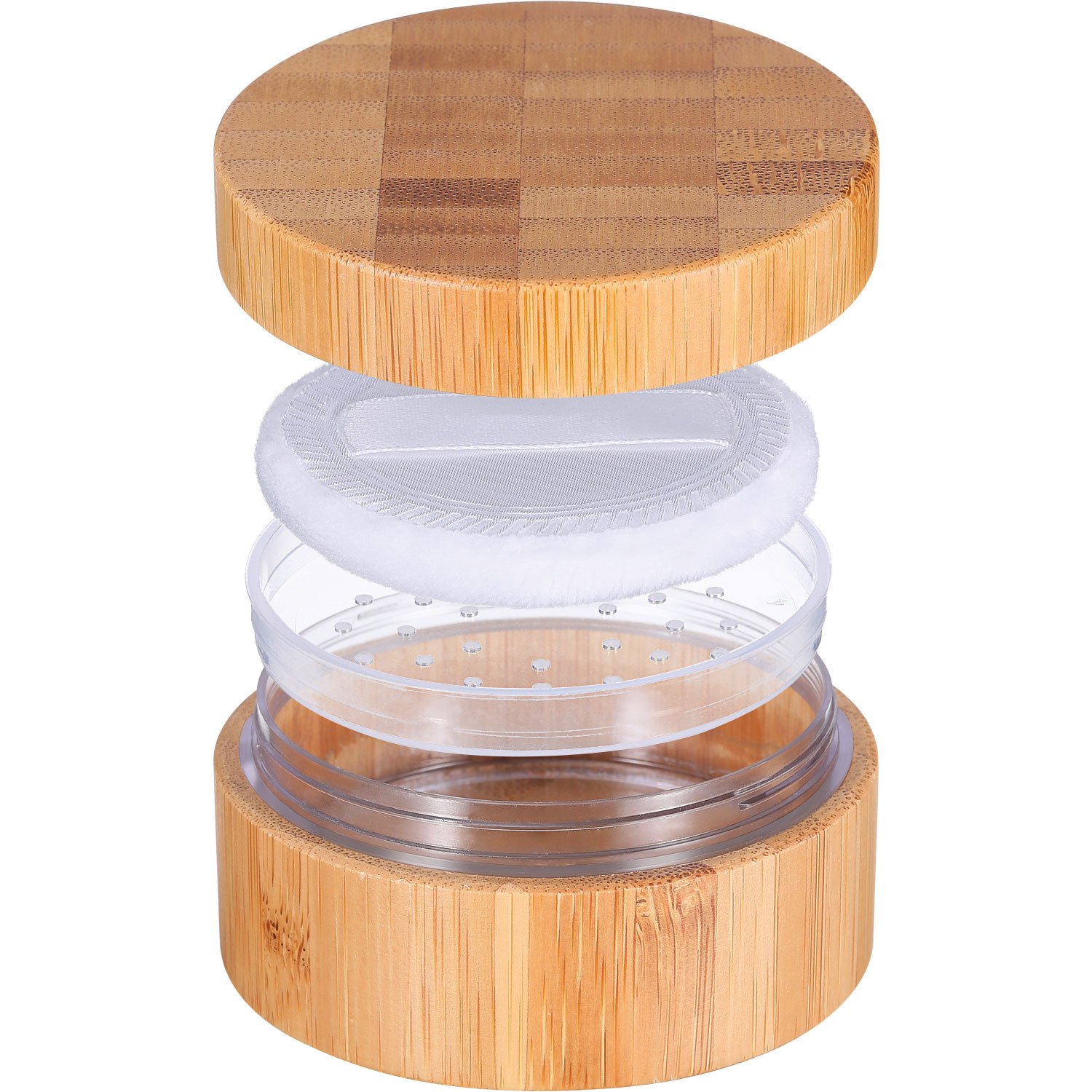 Frienda 30ml Empty Bamboo Loose Powder Container with Sifter Lid & Puff - Refillable Makeup Powder Case for Mineral Foundation, Setting Powder & Blush | Travel-Friendly Cosmetic Storage