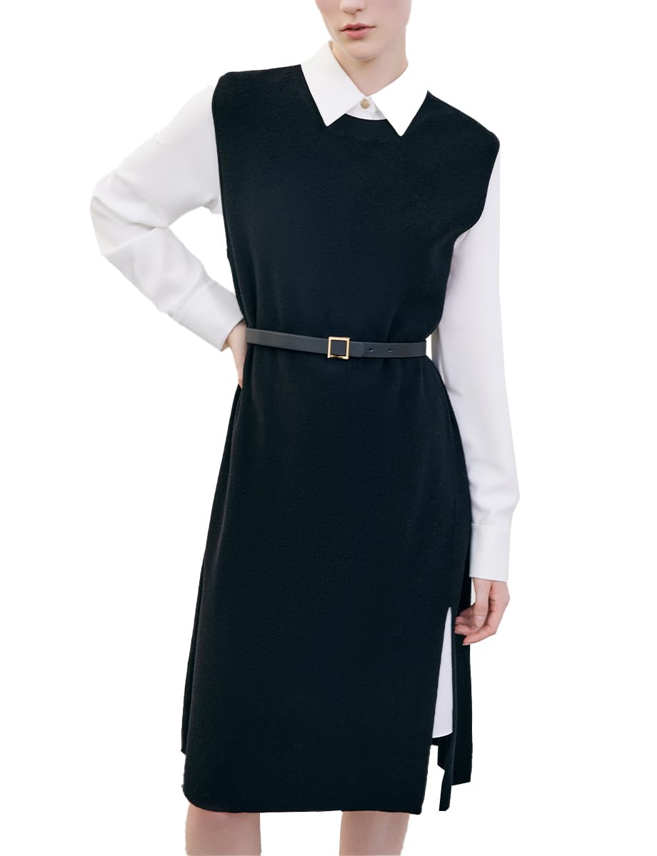 Women's 2-Piece Outfits: Black Sweater Vest Dress & White Shirt Dress Set with Belt - Stylish Office Wear & Casual Date Night Outfits