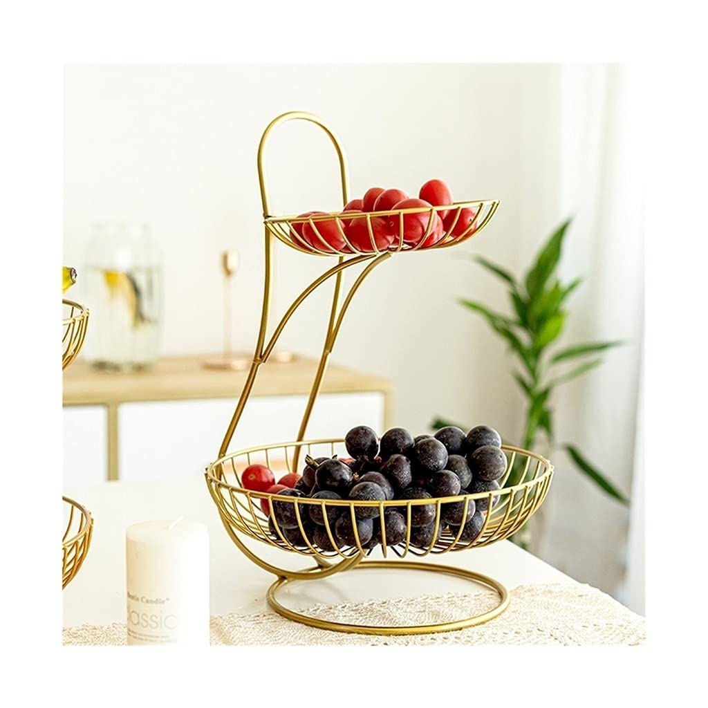 Stylish 2-Tier Gold Metal Fruit Basket Bowl - Creative Iron Storage Stand for Kitchen Countertop, Dining Table & Home Decor - Perfect for Organizing Fruits, Snacks & Decorative Display
