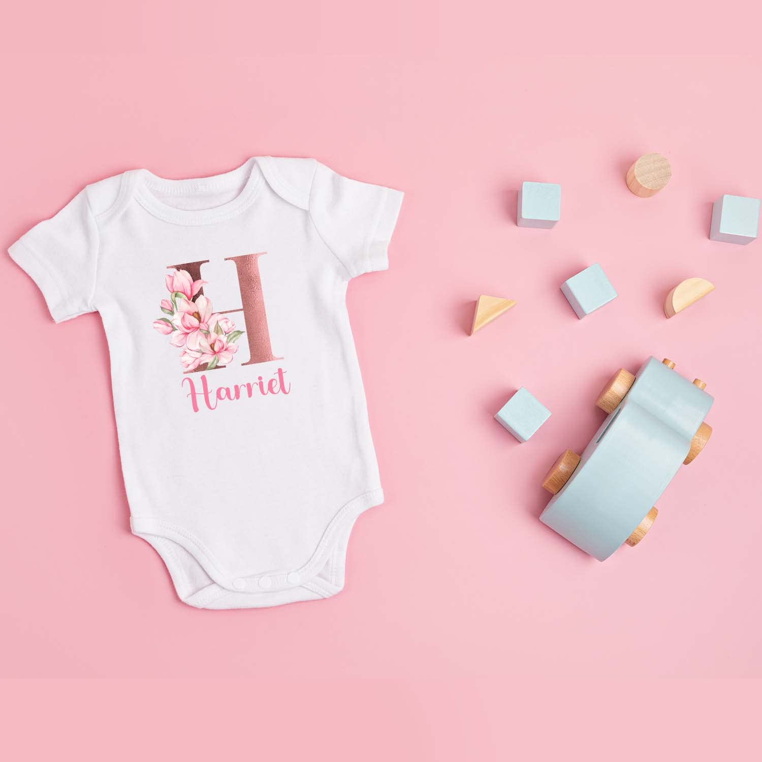 Personalized Baby Bodysuit for Girls 0-3 Months - Soft Pink Floral Short Sleeve Onesie | Newborn Baby Shower Gift, Cute Outfit for Daily Wear, Photo Shoots & Special Occasions