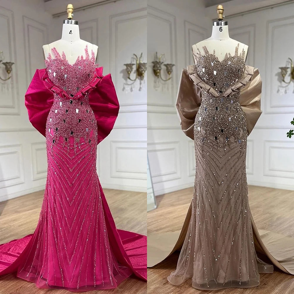 Elegant Fuchsia Mermaid Evening Dress with Pearl Beading - Luxury Formal Gown for Women | Dubai Party Wear, Wedding Guest Dress, Red Carpet Event 2025 - LA72263