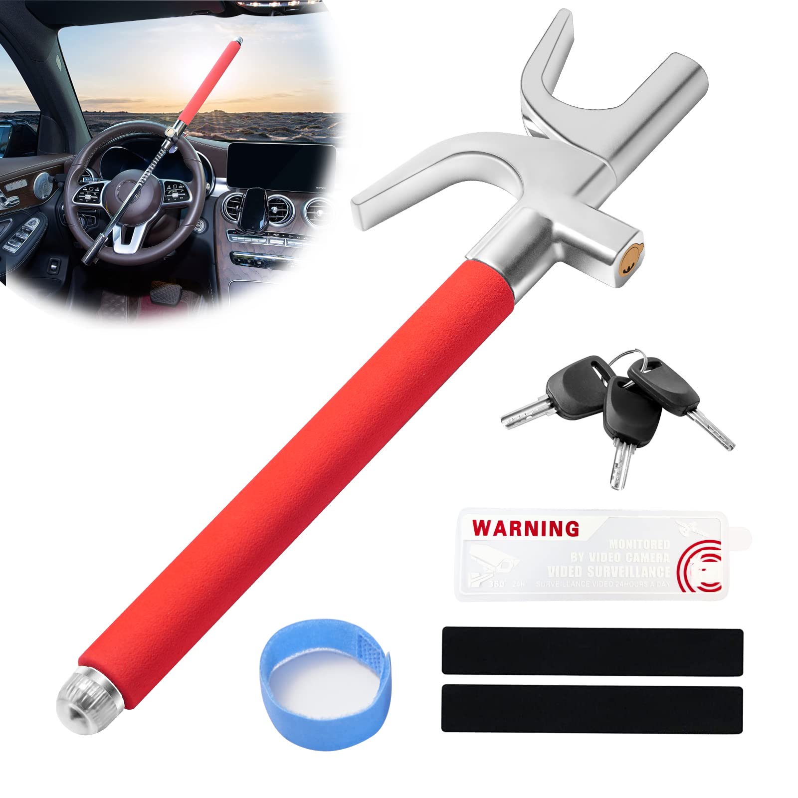 Kancehinage Adjustable Car Steering Wheel Lock Anti-Theft Device with Escape Hammer & 3 Keys - Red | Vehicle Security with Warning Sticker | Perfect for Parking Safety & Roadside Emergencies