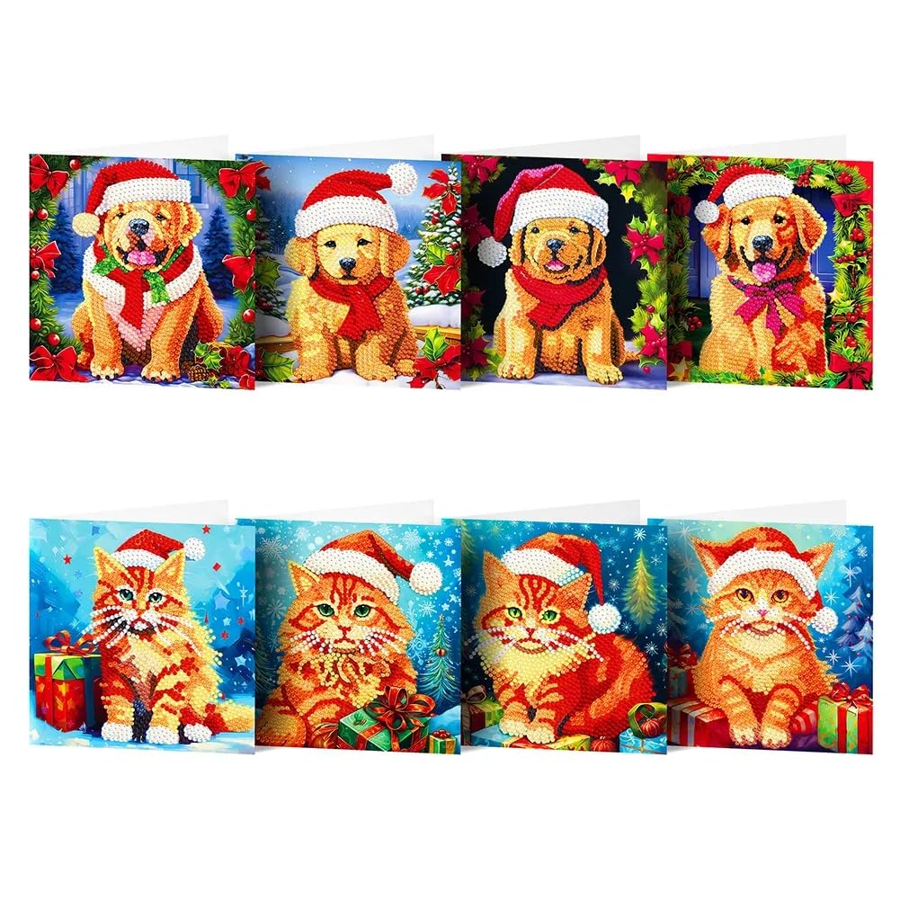 Diamond Art Christmas Cards - 3D Diamond Painting Holiday Greeting Cards for Gifting (8 Pack) - Perfect for Christmas Decorations, Holiday Greetings & DIY Craft Projects