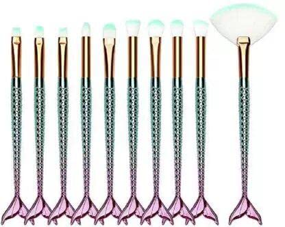 FT Professional 10-Piece 3D Mermaid Makeup Brush Set - Eyeshadow, Eyeliner & Blush Brushes with Free Beauty Blender Sponge | Perfect for Makeup Artists & Beginners | Home, Travel & Professional Use