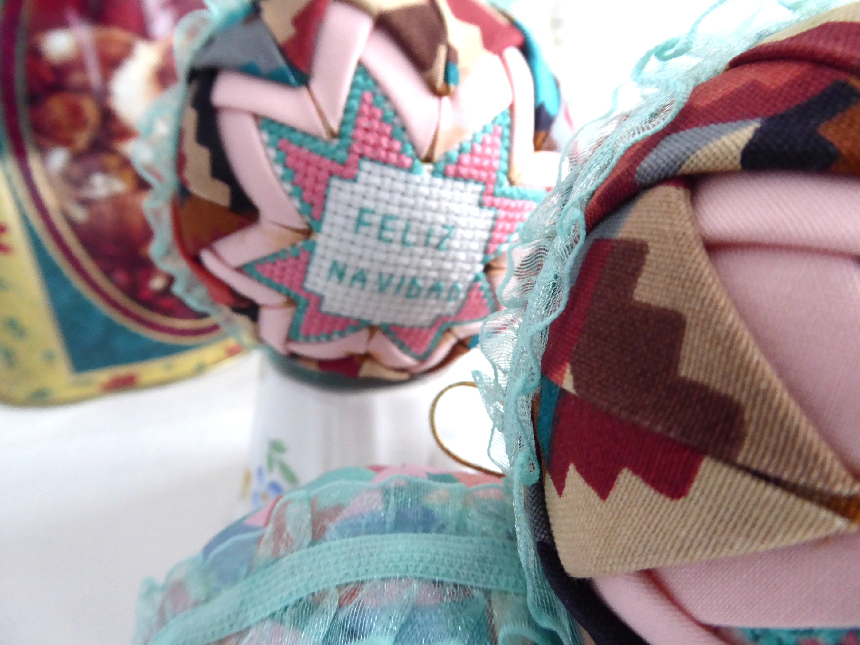Handmade Cross Stitch Christmas Ornaments Set of 5 - Aqua, Salmon Pink & Burgundy Patchwork Decorations for Holiday Tree, Gift Giving & Festive Home Decor