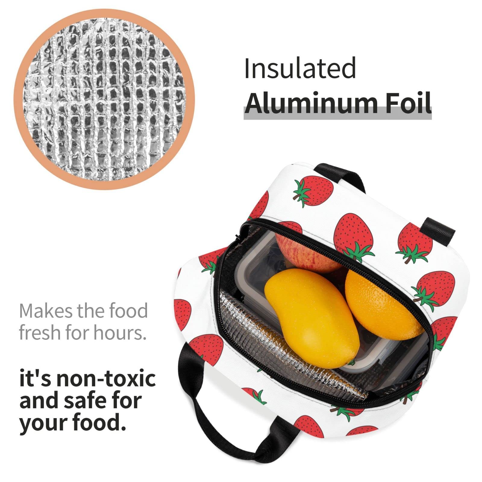 **Insulated Reusable Lunch Bag for Kids, Girls, Women & Teens - Strawberry Design Lunch Box for School, Office, Work, Picnic & Travel - BPA-Free, Leak-Proof & Easy to Clean**