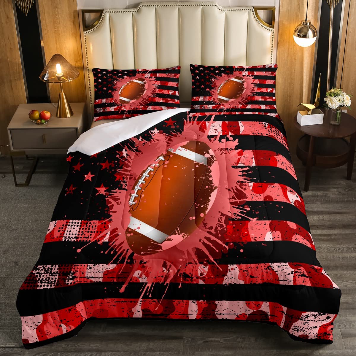 American Flag Twin Bedding Set - Football Soccer Comforter for Kids, Boys & Teens - USA Sports Themed Duvet Cover with Tie Dye Grunge Design - 2 Piece Set Includes Quilted Duvet & Pillowcase (Red) - Perfect for Game Day Decor, Teen Bedroom & Patriotic Home Styling
