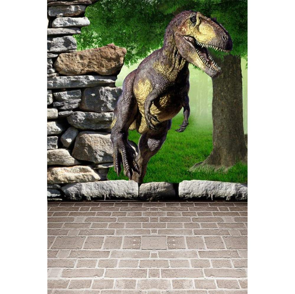 Laeacco 5x7ft Dinosaur Theme Backdrop - 3D Dinosaur Photo Studio Background for Boys Birthday Party, Baby Shower, Newborn Photography | Wild Forest & Rustic Brick Floor Design | Perfect for Cake Table Decor & Kids Portrait Sessions