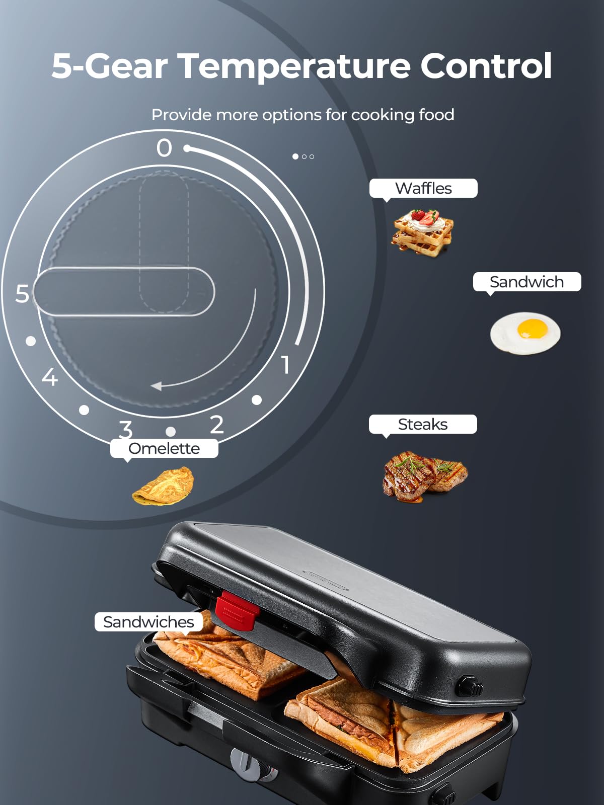 3-in-1 Sandwich Maker & Waffle Iron with Removable Plates - Panini Press, 5-Temperature Settings, Non-Stick Coating, Cool-Touch Handle & Anti-Skid Feet - Perfect for Breakfast, Brunch & Quick Meals (1200W)