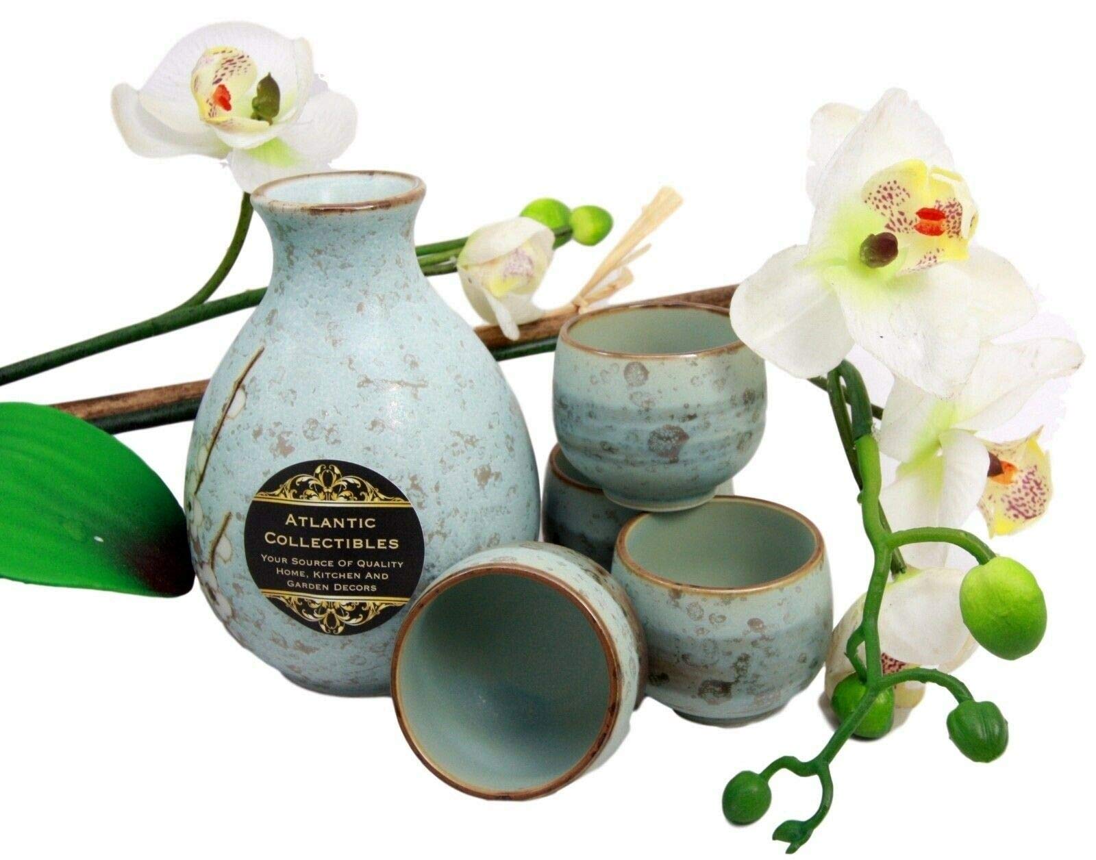 Japanese 9oz Ocean Blue Sakura Cherry Blossoms Sake Set with 4 Cups - Traditional Ceramic Sake Flask & Cup Gift Set for Japanese Tea Ceremony, Sake Tasting & Asian Home Decor