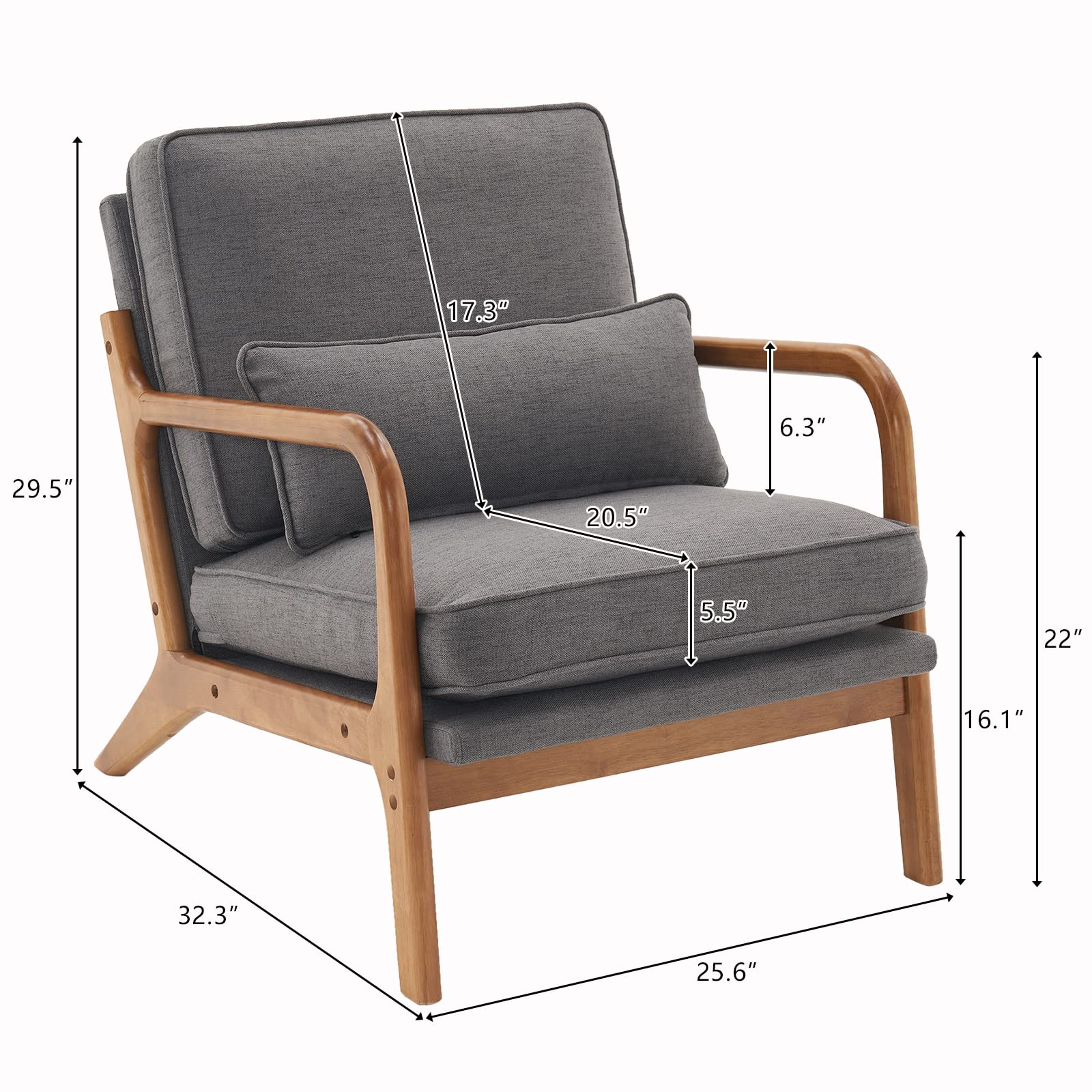 Mid Century Modern Accent Chair - Solid Oak Wood Frame with Upholstered Seat - Single Lounge Chair for Living Room, Bedroom, Office - Dark Grey - Perfect for Reading Nook, Cozy Corner & Home Decor
