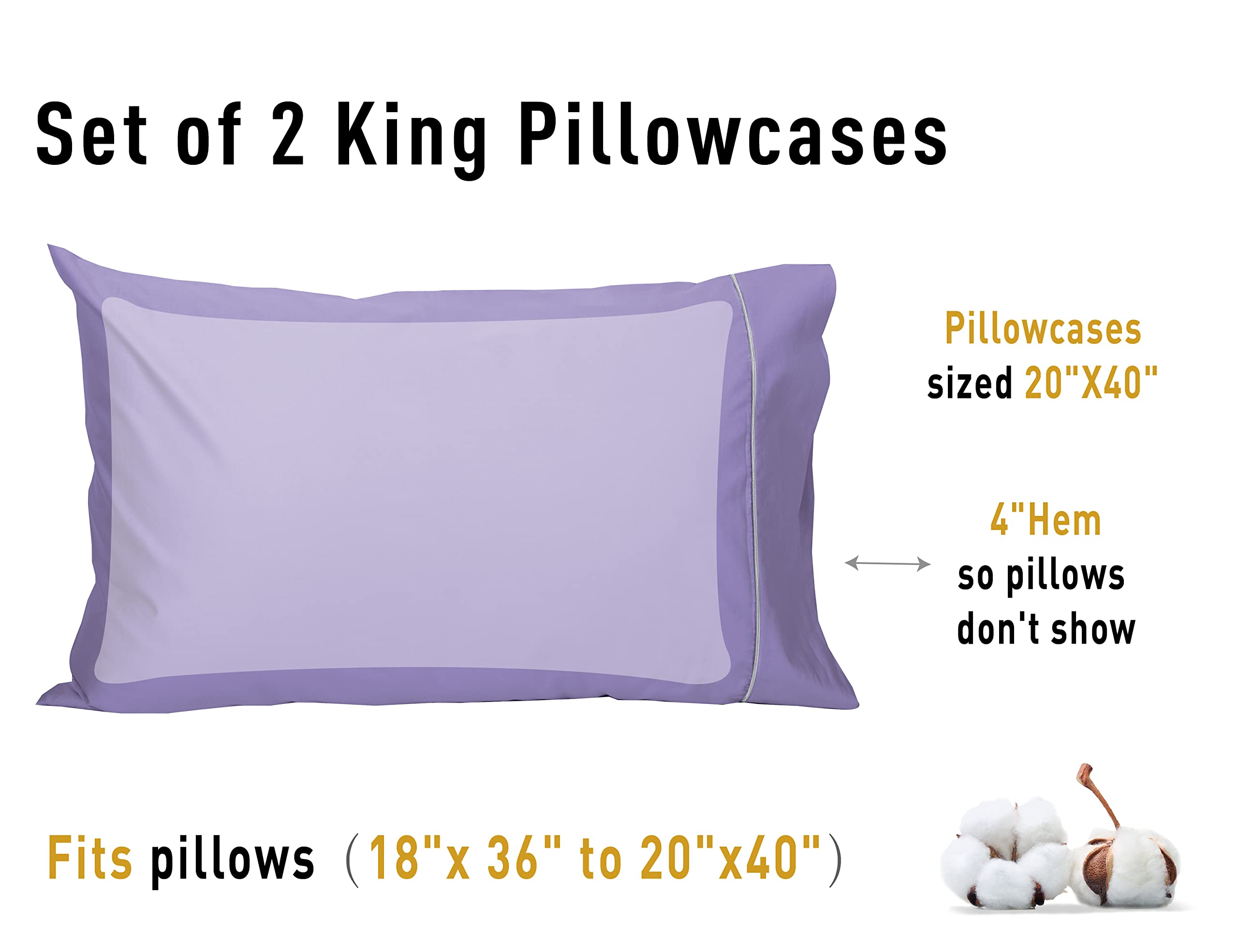 Sunflower Queen Pillowcases Set of 2 - 100% Cotton 20x30 Inches with Silver Trim - Soft Breathable Solid Purple Pillow Covers for Bedroom, Guest Room & Dorm Decor