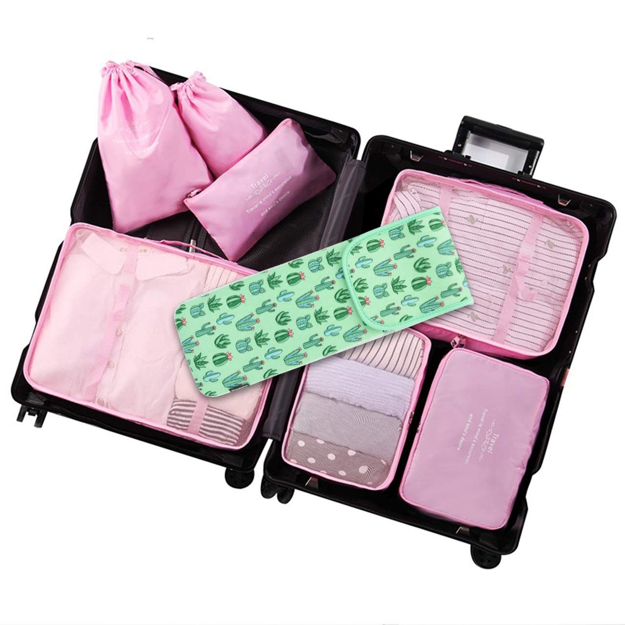 Heat Resistant Neoprene Curling Iron Holder - 15 x 5 Inch Travel Case for Flat Iron & Curling Wand (Green Cactus Pattern) | Perfect for Salon, Home Use & Travel Accessories