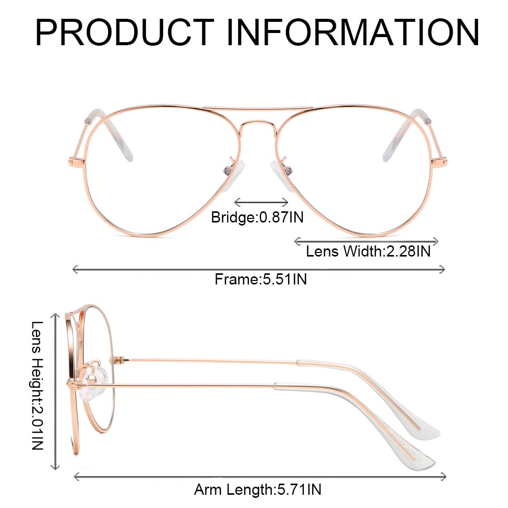 Junsika Blue Light Blocking Glasses for Women & Men - Classic Aviator Style Computer Glasses with Clear Lens & Metal Frame - Reduce Eye Strain for Gaming, Office Work & Screen Use