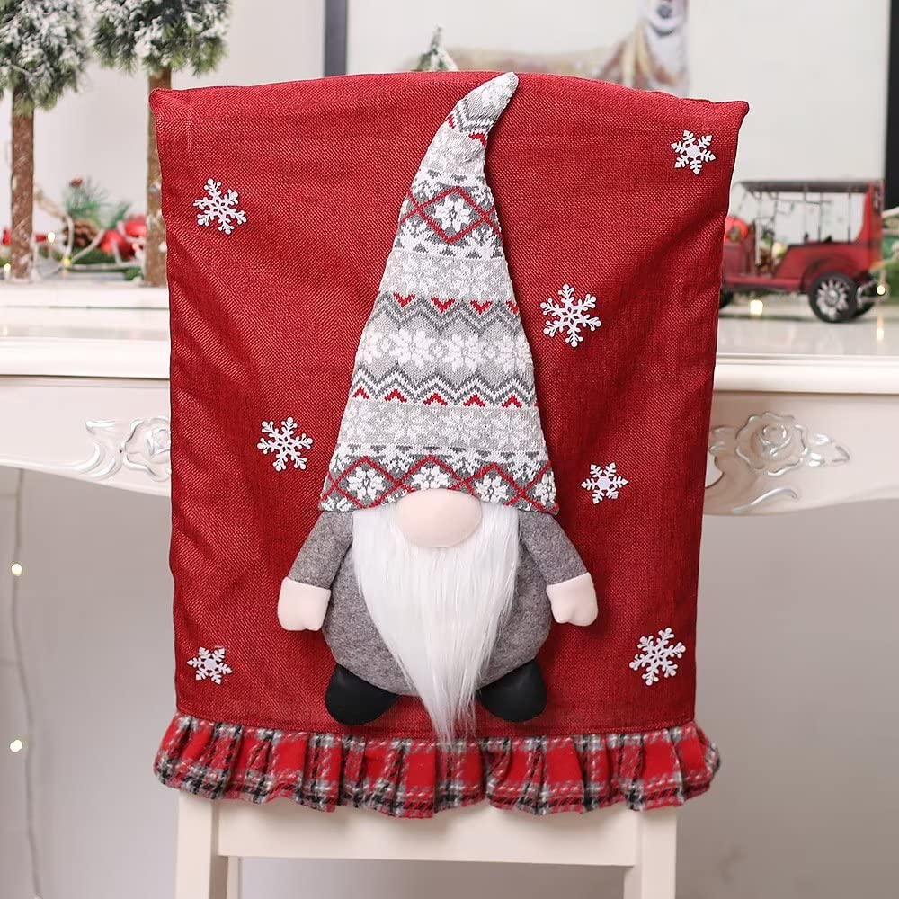 2 Pack Christmas Chair Cover Gnome Couple - Festive Dining & Office Chair Slipcovers Set - Holiday Decor for Christmas Banquet, Party & Home Celebration