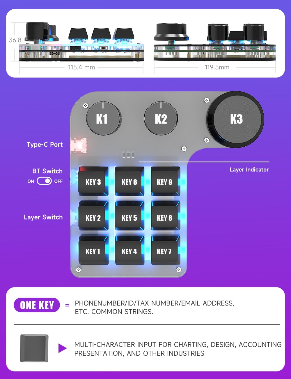 9-Key RGB Macro Mechanical Keyboard - Mini USB Keypad with 3 Knobs for Gaming & Programming | One-Handed Hot-Keys for OSU & NKRO